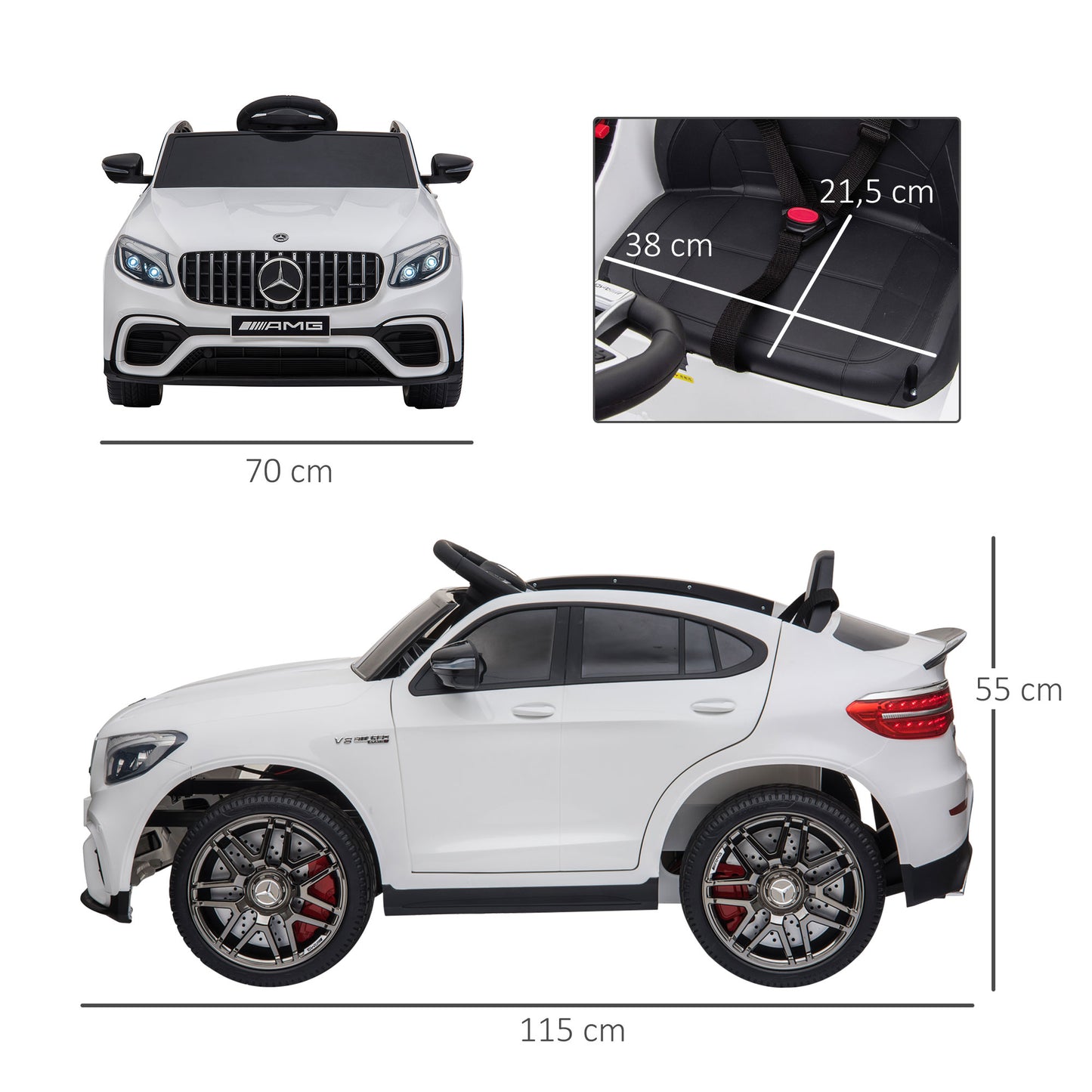 HOMCOM Kinderfahrzeug 12V Mercedes-Benz AMG GLC63S COUPE lizenzierter Elektroauto mit Fernbedienung Sicherheitsgurt 2 x 35W Motoren MP337-60 Monate Weiß 115 x 70 x 55 cm