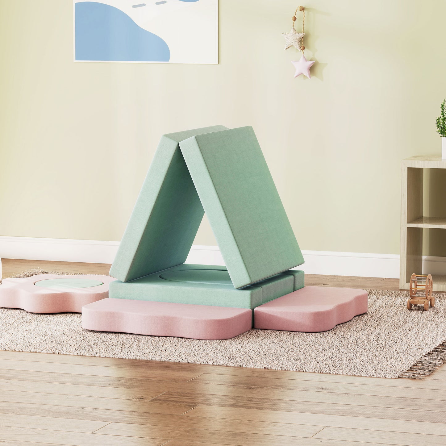 AIYAPLAY 12-teiliges Set Schaumstoffblöcke zum Klettern, Bauen, Krabbeln, Indoor-Spielmatten mit Cordbezug, Grün+Rosa