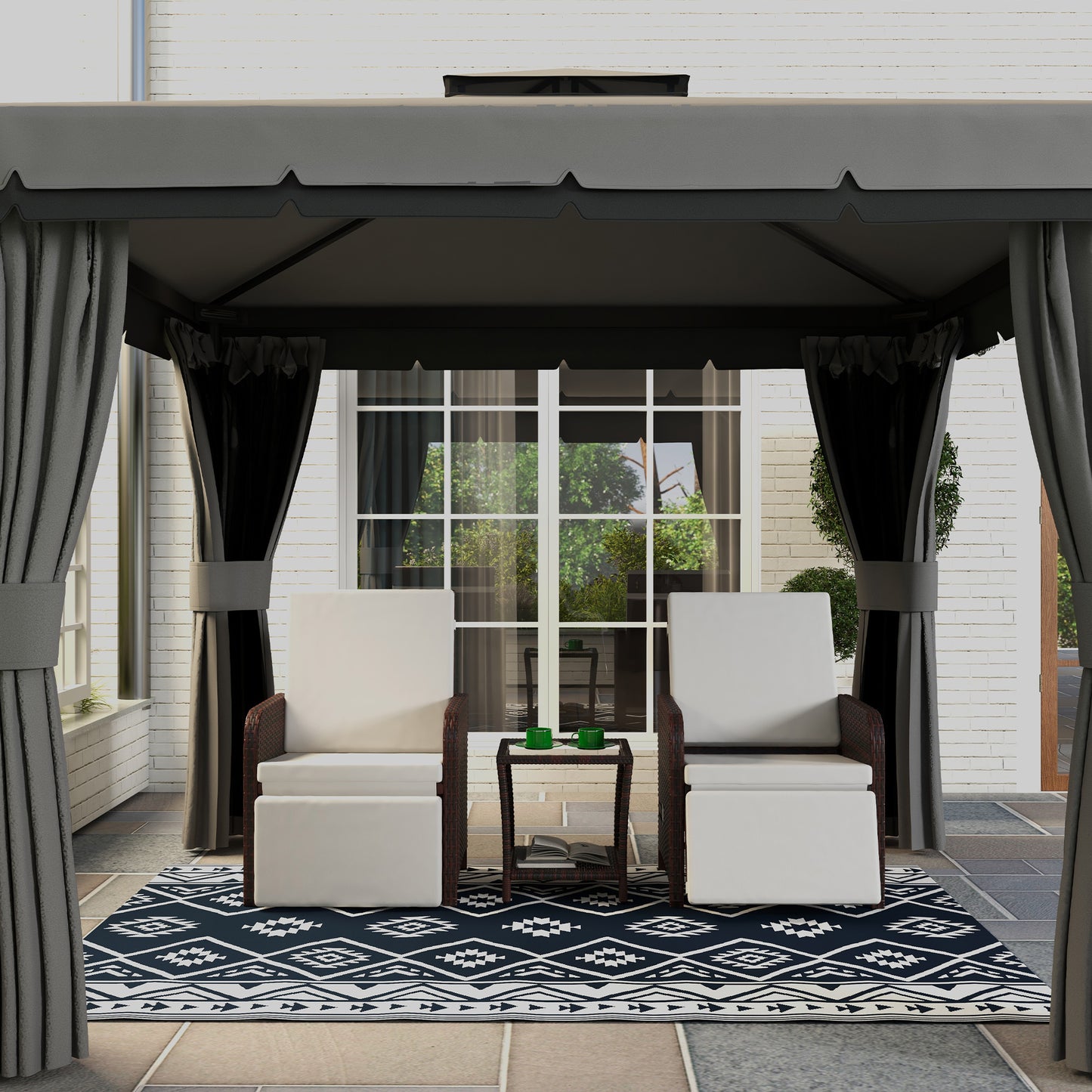 Outsunny Outdoorteppich Terrassenteppich, wetterbeständig, modern design, 182 cm x 274 cm x 0,3 cm, Schwarz + Weiß