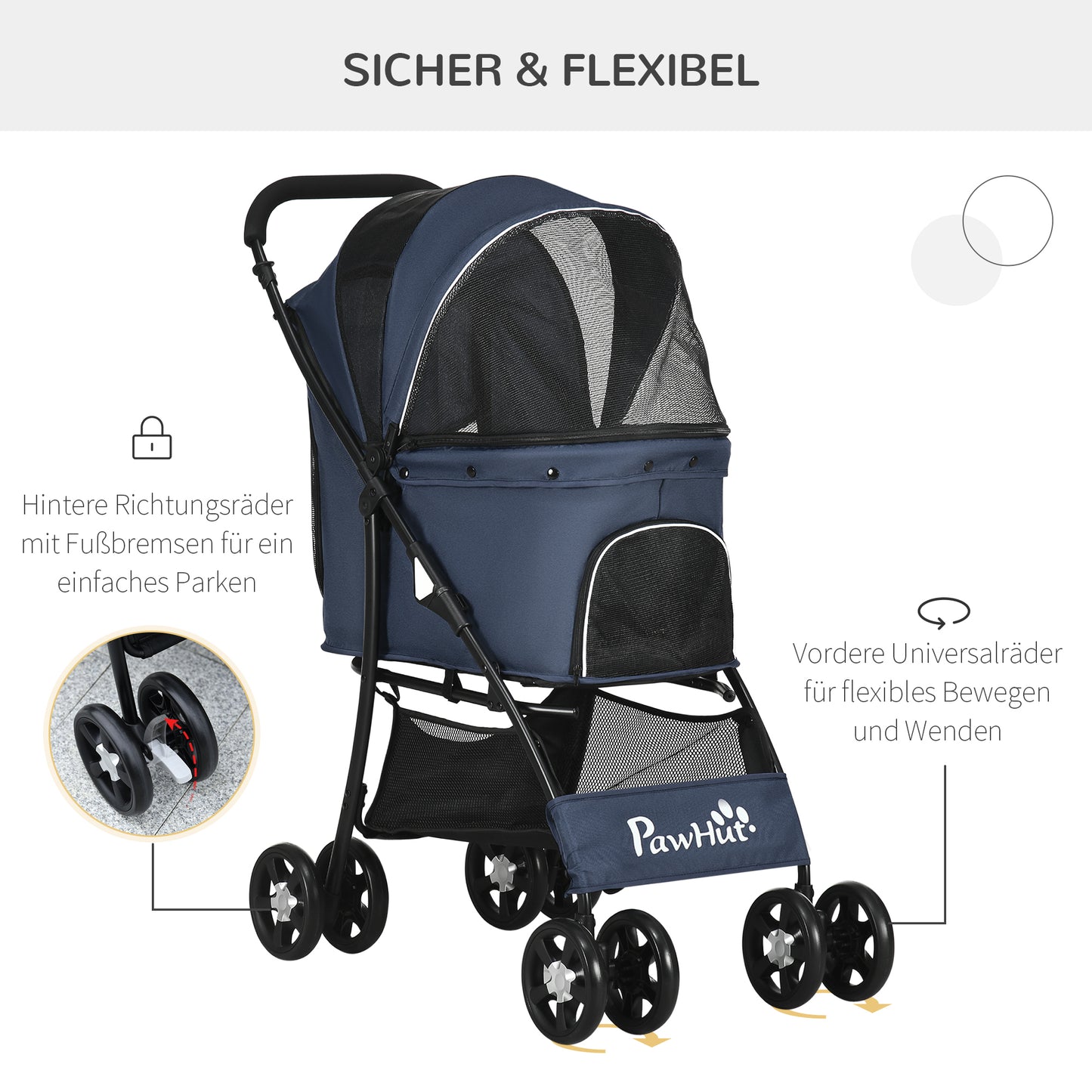 PawHut Hundewagen Hundebuggy bis 10 kg Klappbar Bodenkorb Kissen Seitentasche 81 cm x 48 cm x 99 cm Grau