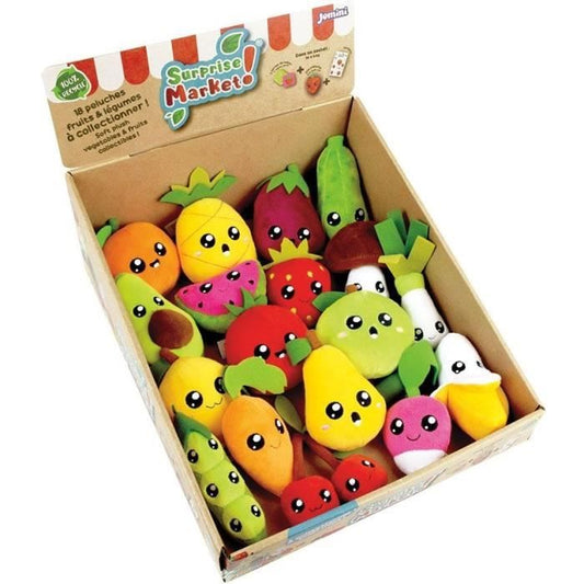Set of 18 surprise bags - JEMINI - Surprise Market - Fruit or vegetable plush +/- 10 cm, stickers and memo cards