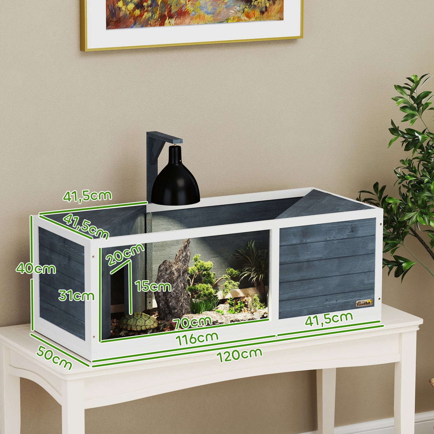 PawHut Schildkrötenhaus mit leicht zu öffnender Oberseite, Lampenvorrichtung, transparenter Front, 120 x 50 x 40 cm, Grau