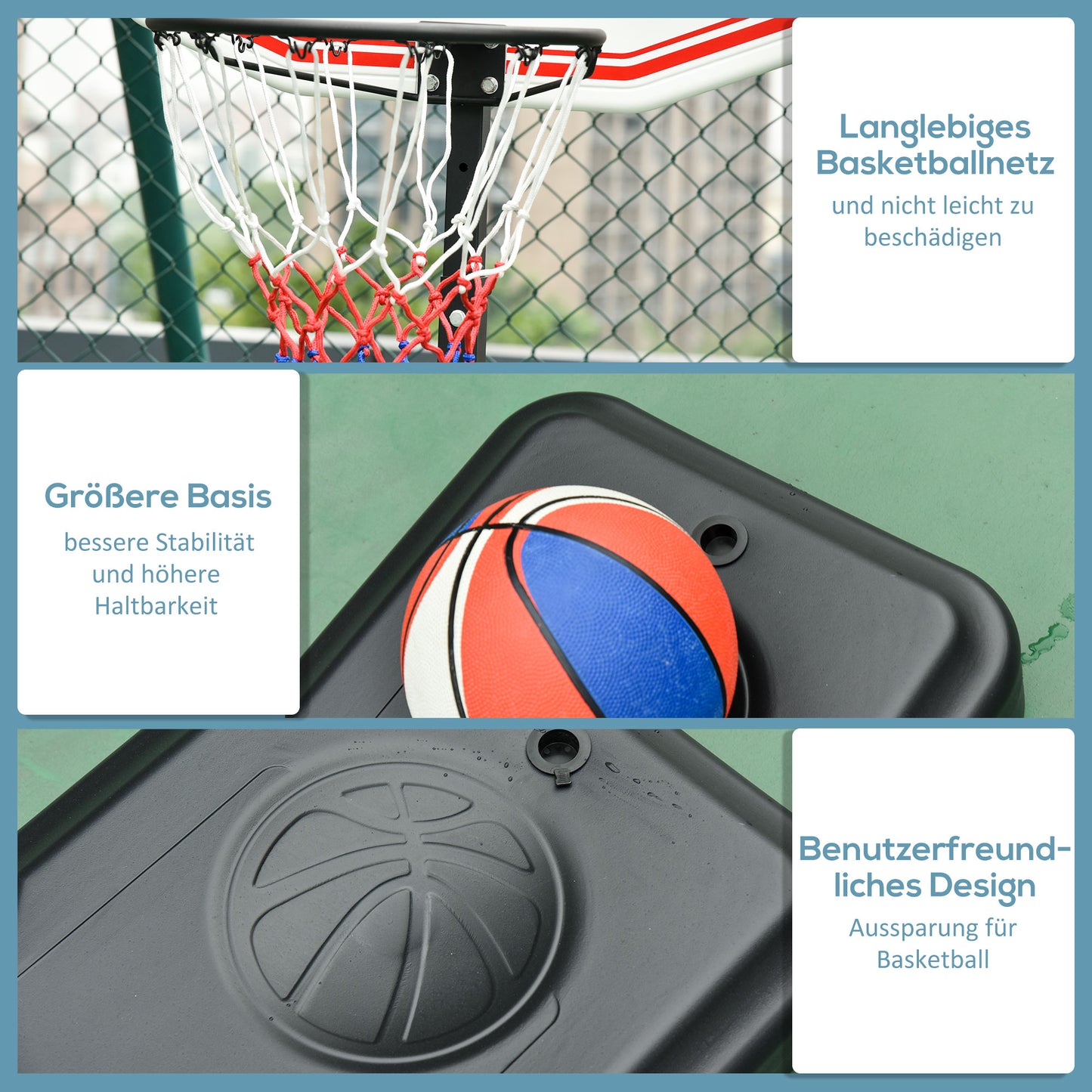 HOMCOM Basketballkorb Outdoor mit Rollen 155-210 cm Höhenverstellbar, Transportable Basketballständer mit Rollen, Tragbar Basketballkorb PE+Stahl