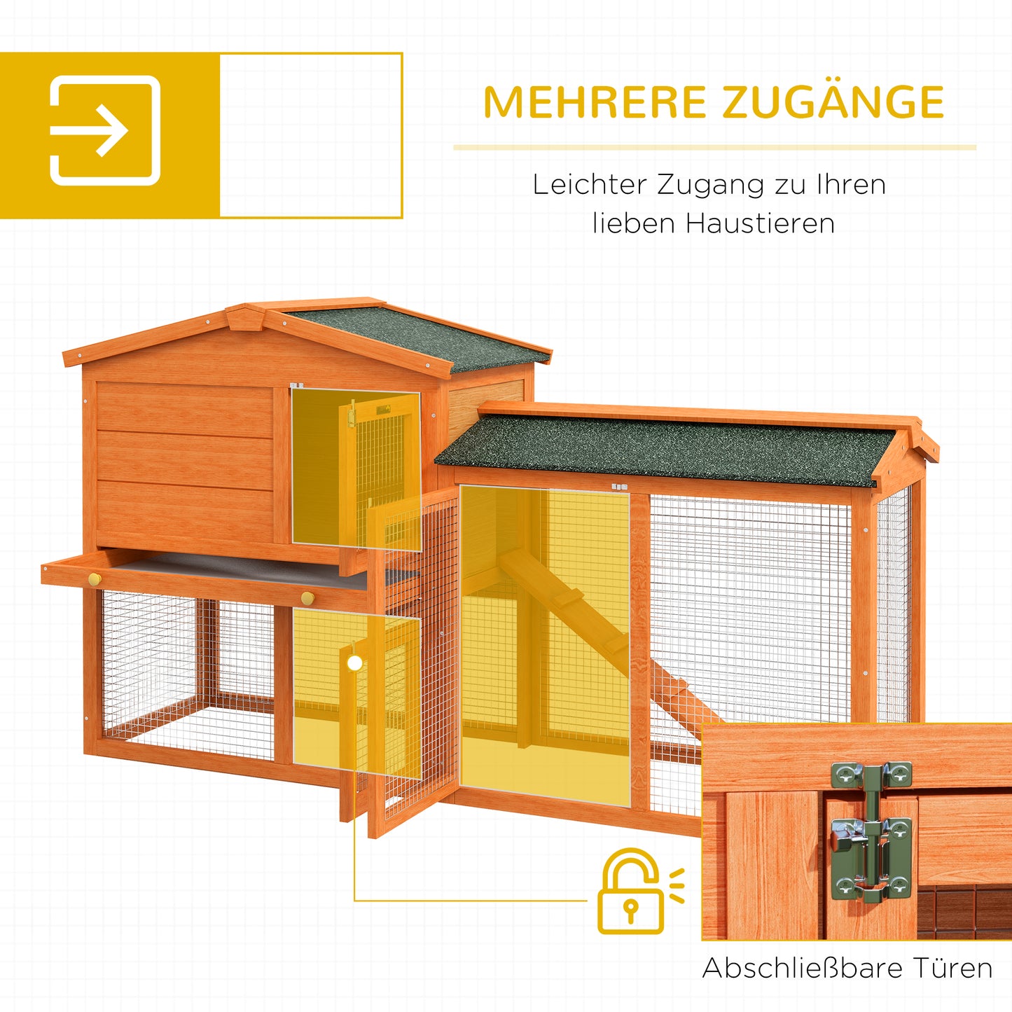 PawHut Kleintierstall, Kleintierkäfig, Outdoor-Kaninchenstall, Freilaufgehege, winterfest, Massivholz, 150 x 45 x 85 cm, Orange