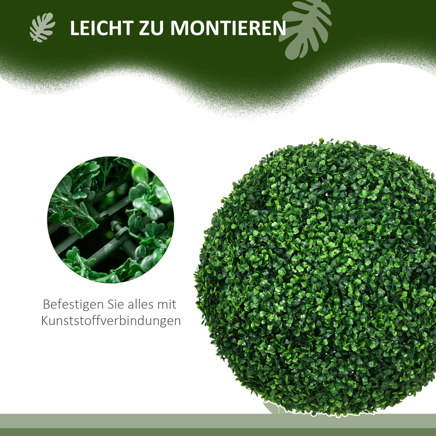 HOMCOM 2er-Set Buchsbaumkugel, Künstliche Pflanzen, Zimmerpflanze mit UV-Schutz, Deko-Pflanze, für Indoor, Outdoor, Grün