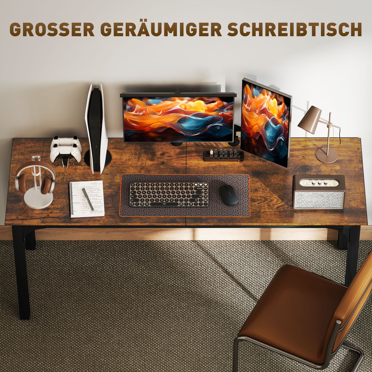 HOMCOM Schreibtisch, Computertisch, rustikales Design, viel Platz, Spanplatte, Braun