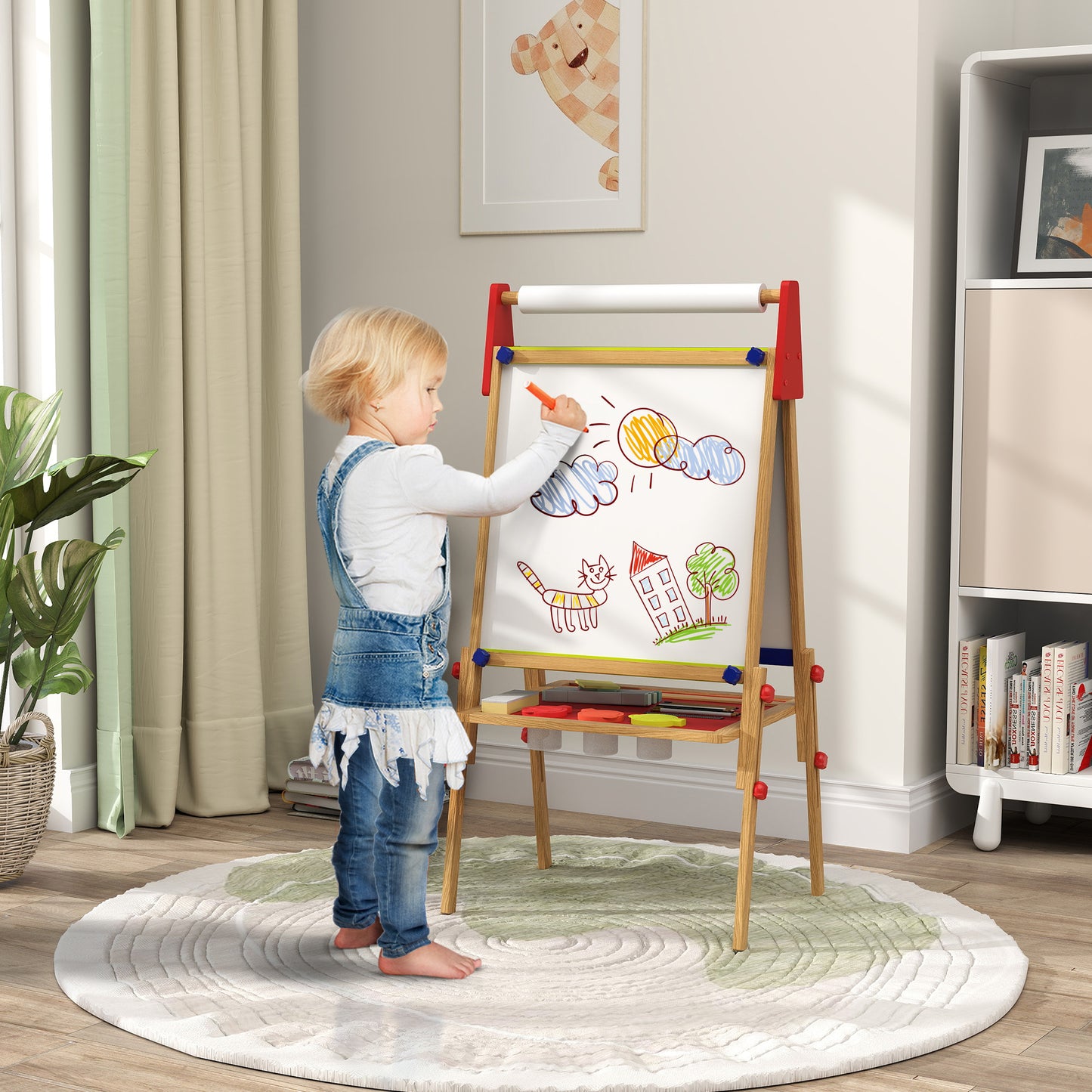 AIYAPLAY 3-in-1 Kindermalstaffelei, Kreidetafel, Whiteboard, Papierrolle, inklusive Zubehör, Kiefernholz, verstellbar