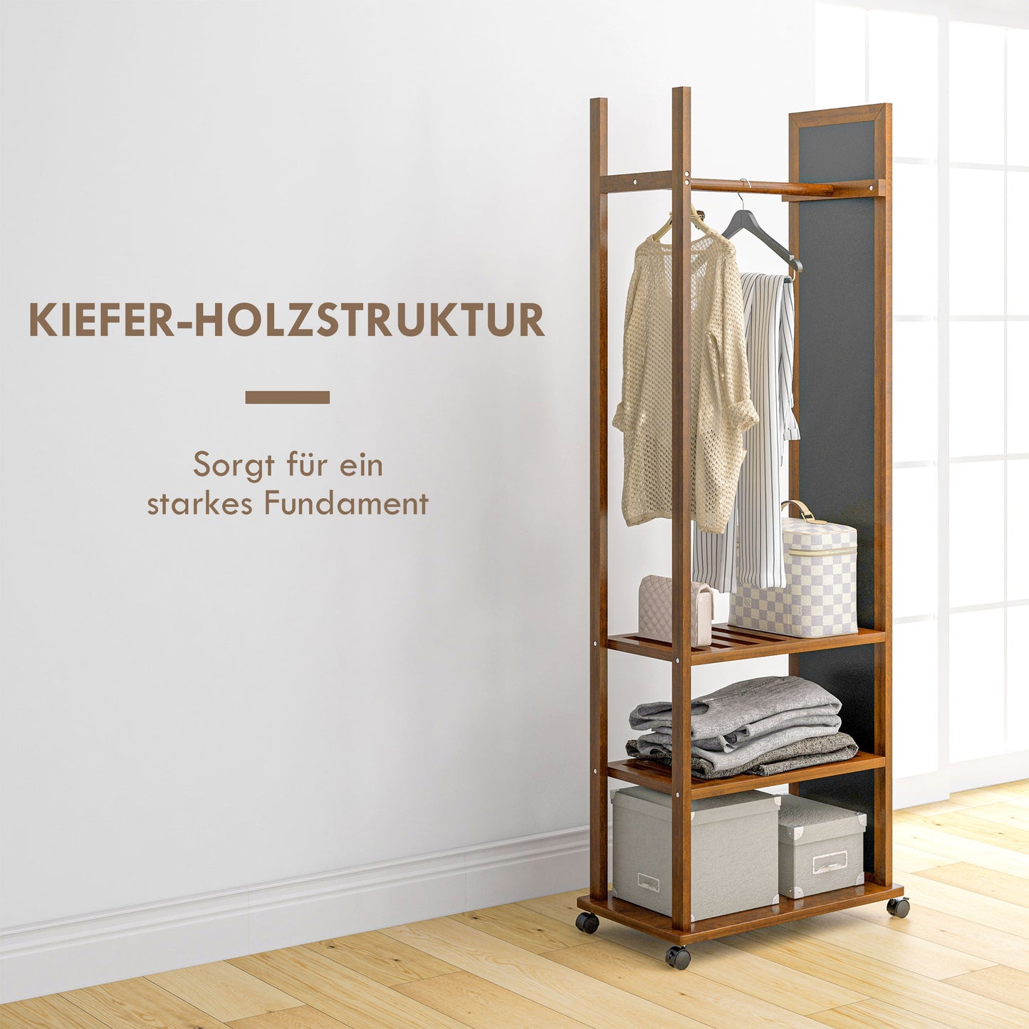 HOMCOM 2-in-1-Spiegel Spiegel Ganzkörperspiegel Garderobe, 1 Kleiderstange, 3 Regale, 35,8 x 59,8 x 170 cm, Natur