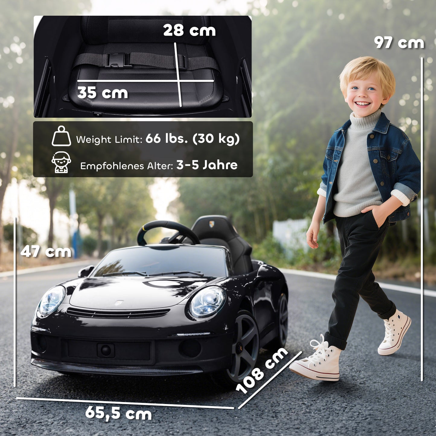 AIYAPLAY Elektrisches Aufsitzauto für Kinder, fernsteuerbar, Musik, Hupe, USB, Sicherheitsgurt, für 3-5 Jahre, Schwarz
