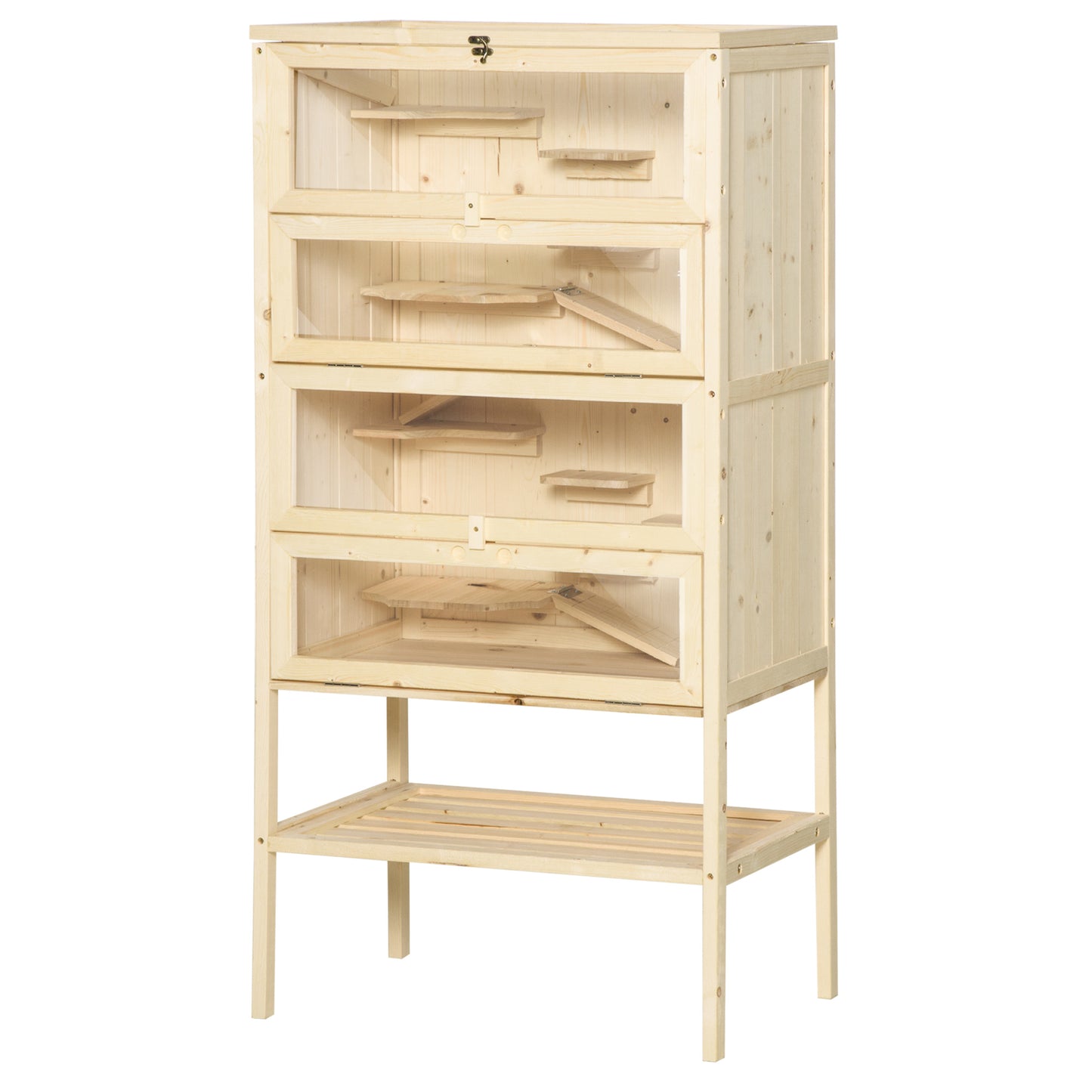 PawHut Hamsterkäfig aus Holz 5 Etagen Nagarium Nagerkäfig Kleintierkäfig mit Gitterdach Rampen, Holzkäfig Mäusekäfig groß Käfig für Hamster Zwerghamster 60 x 40 x 120 cm Naturholz