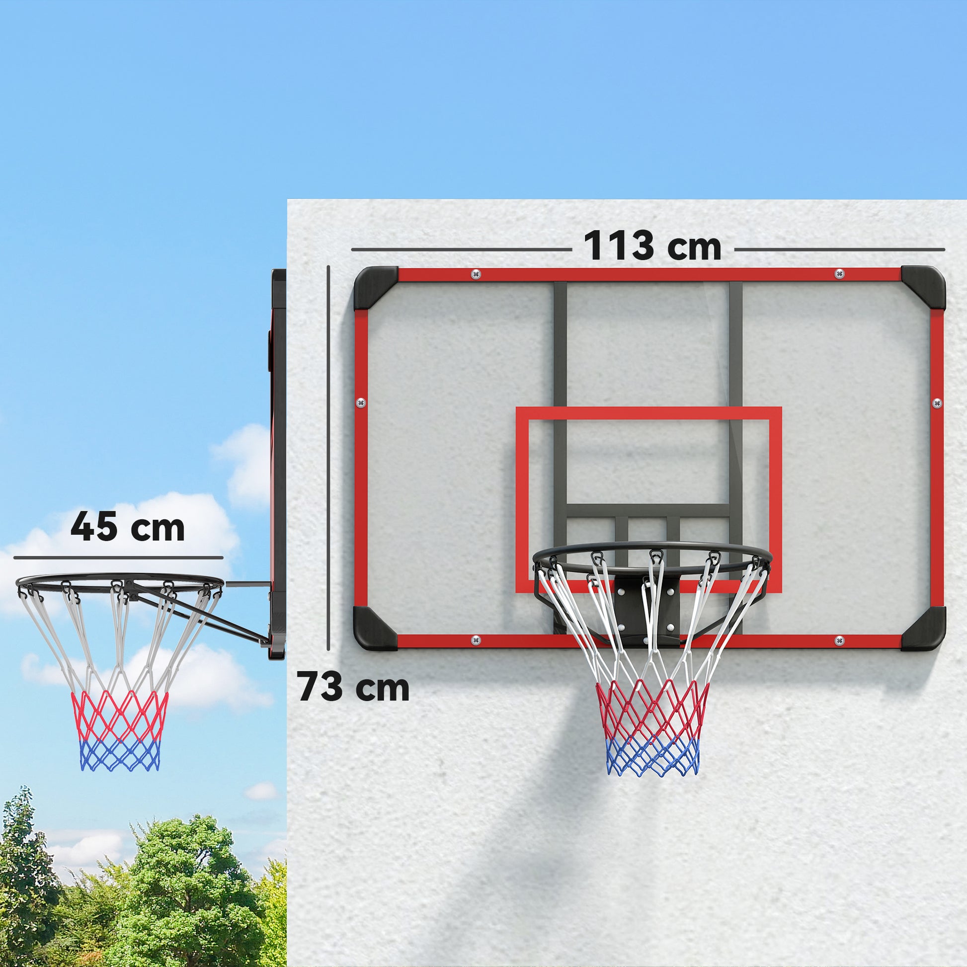 SPORTNOW Basketballkorb für Wandmontage, Innen/Außen, robuste PC-Rückwand, Nylonnetz, Stahlring, 113x61x73 cm