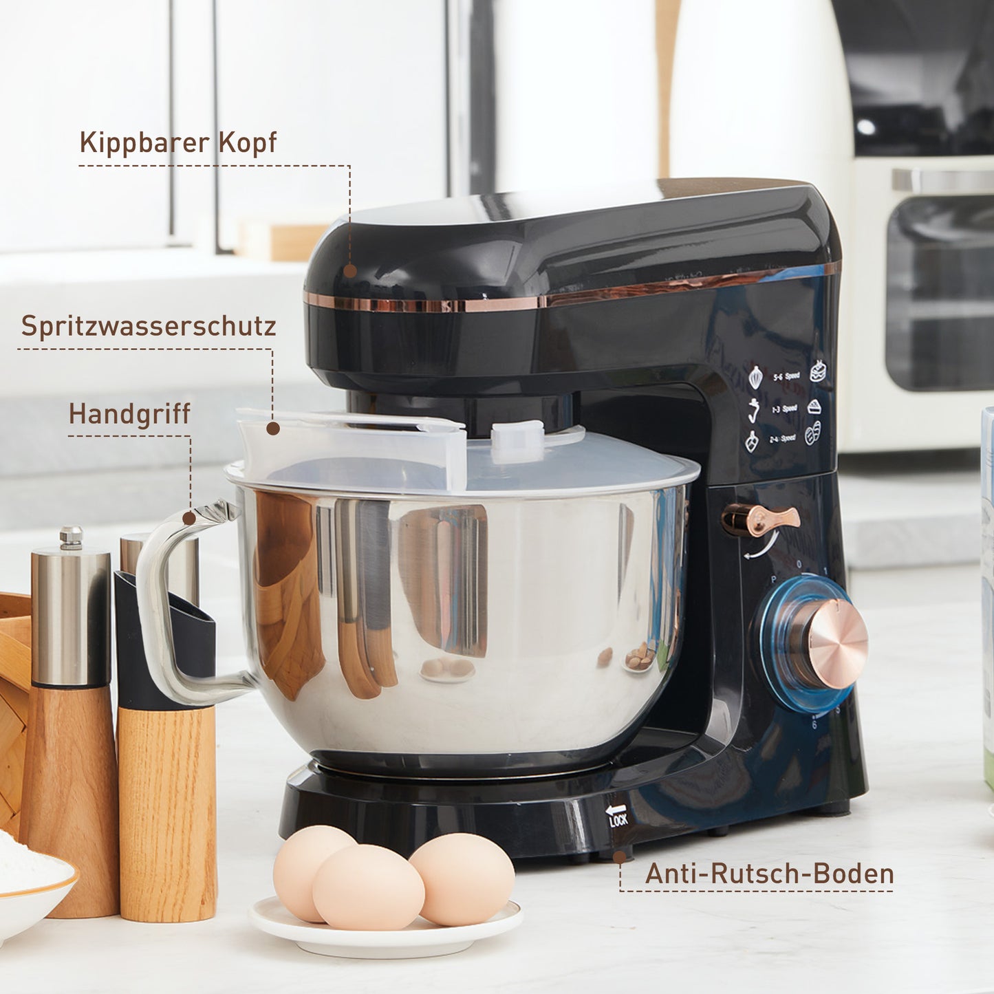 HOMCOM Standmixer, Küchenmaschine, Rührgerät, 6 Stufen, 5,5L Edelstahlschüssel, Schwarz