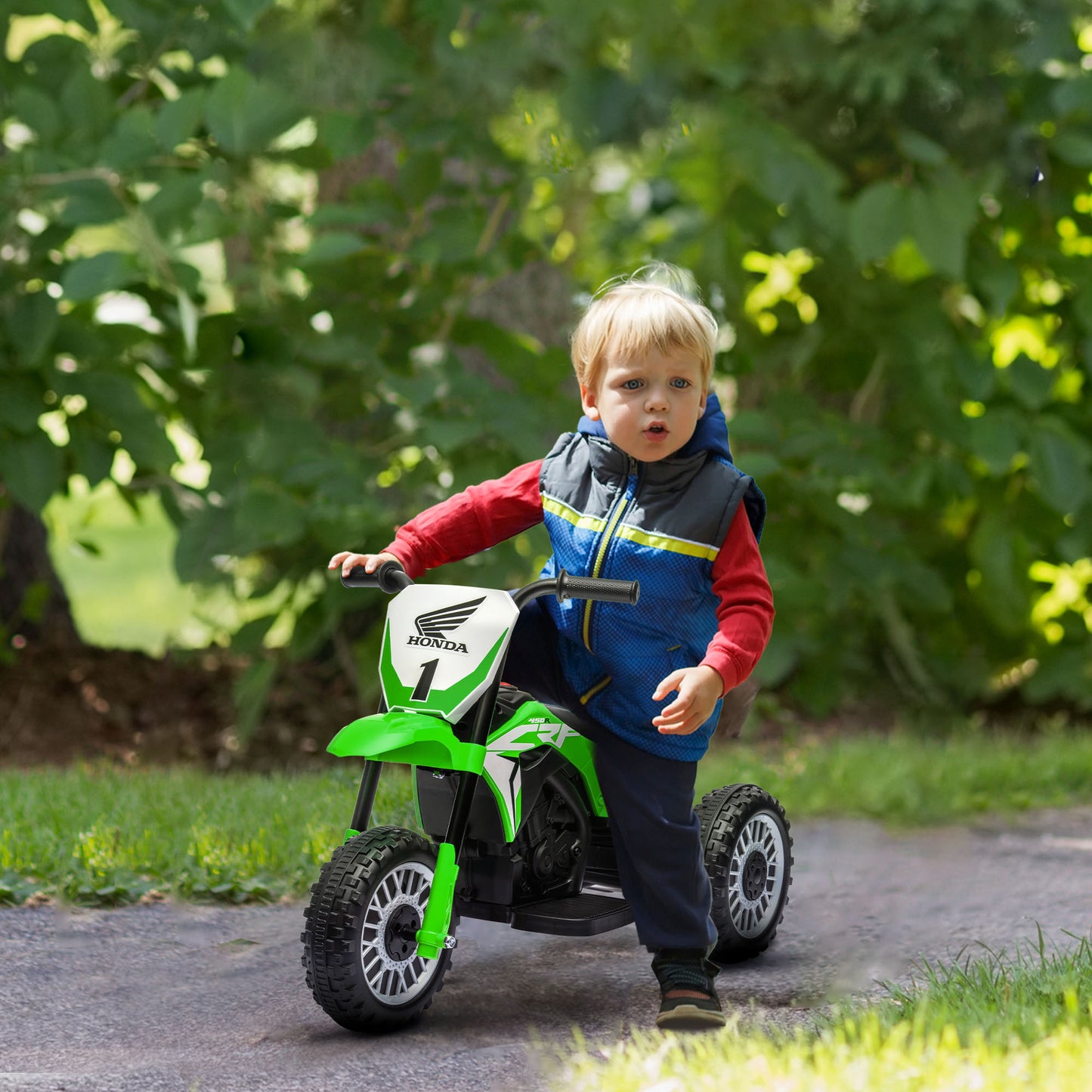 HOMCOM Elektro Kindermotorrad Honda, 3 km/h, Soundeffekte, für 18-36 Monate, Grün