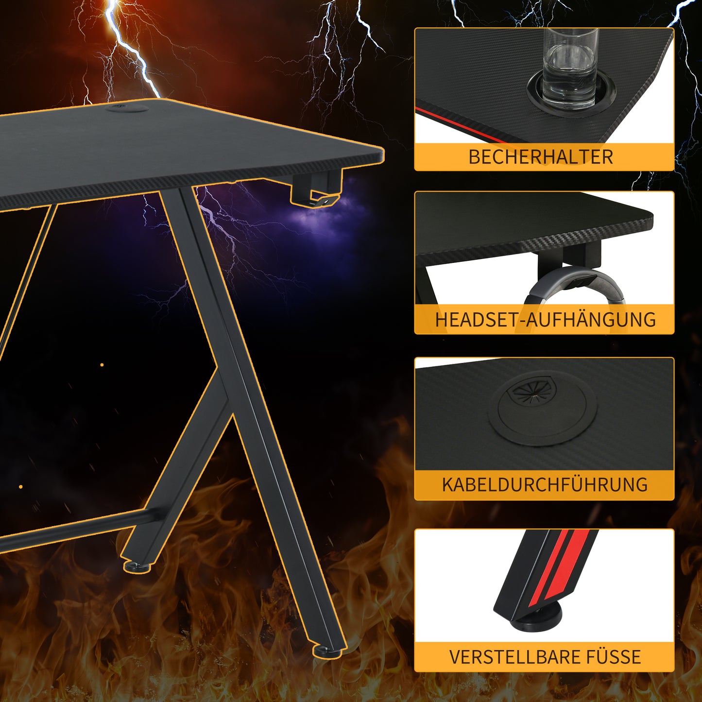 HOMCOM Gaming-Tisch Schreibtisch mit Kopfhörerhaken Getränkehalterung Computertisch Stahl + MDF Schwarz 105 x 55 x 75 cm