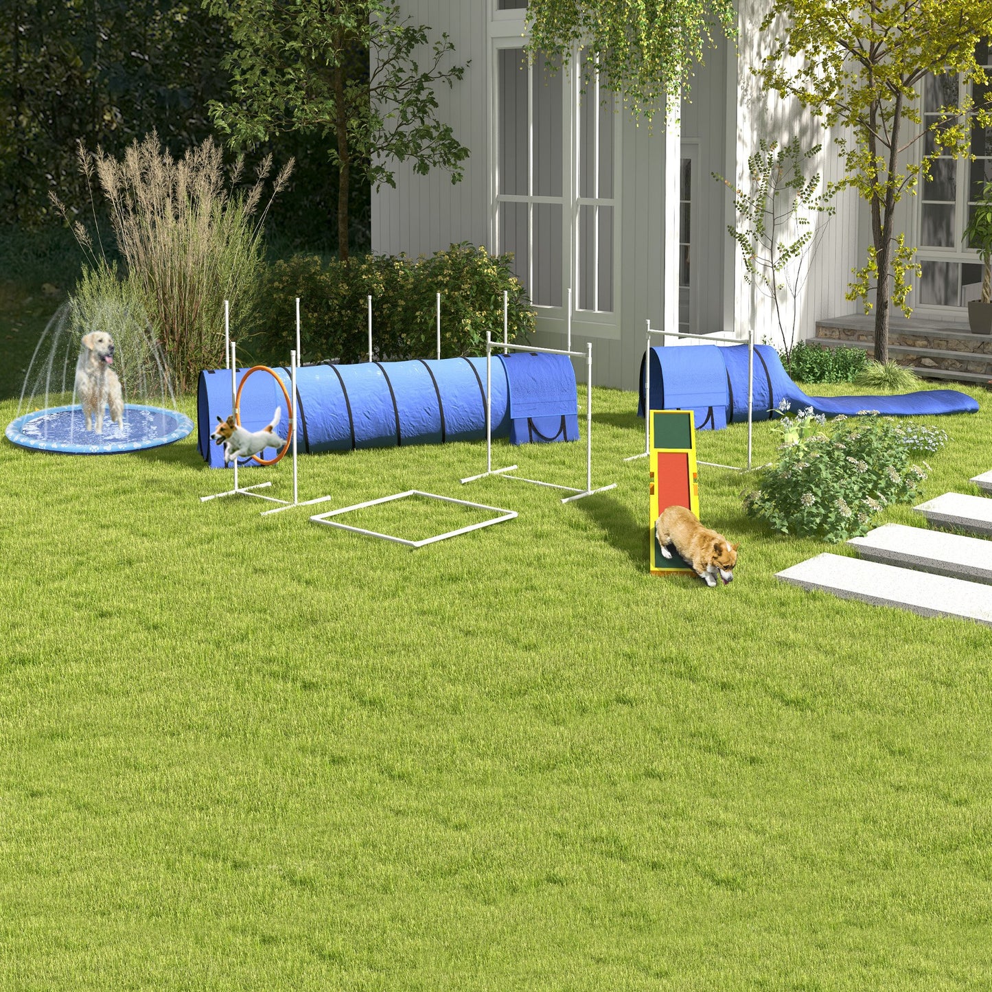 PawHut Hunde-Agiliy-Set Hundeparcours, 1 Reifen, 2 Tunnel 2 Hürden, 321 cm x 63c mx 93 cm, Blau + Rot+ Weiß