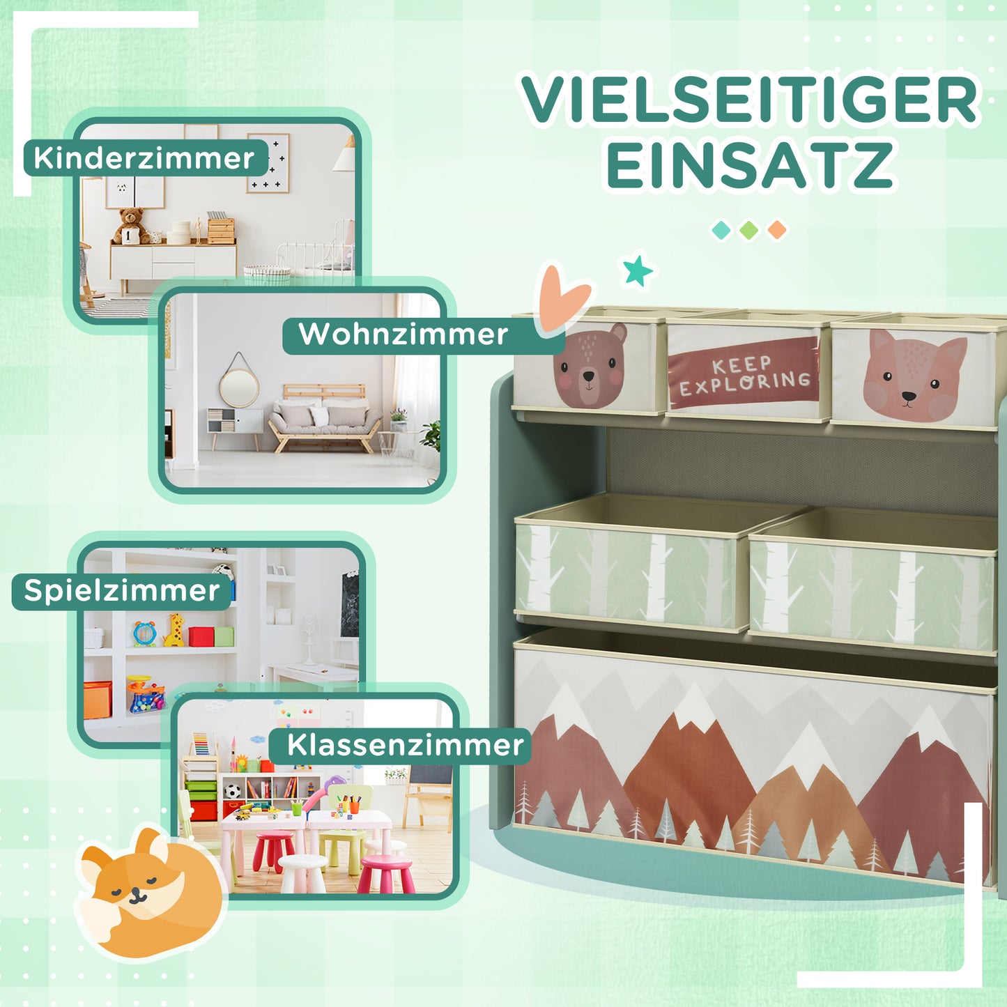ZONEKIZ Kinderschrank mit 6 Stoffboxen, niedliches Motiv, 63x30x66 cm, Grün