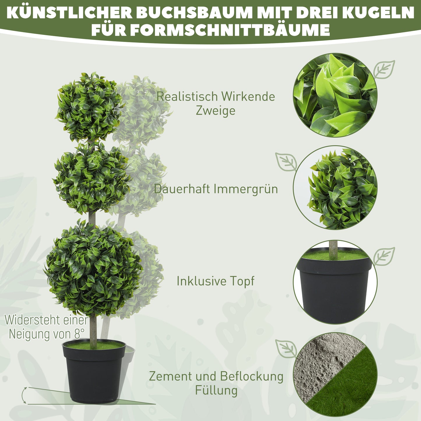 HOMCOM Kunstpflanzen im Topf, Kunststoff-Blätter, beflockte Erde, Grün