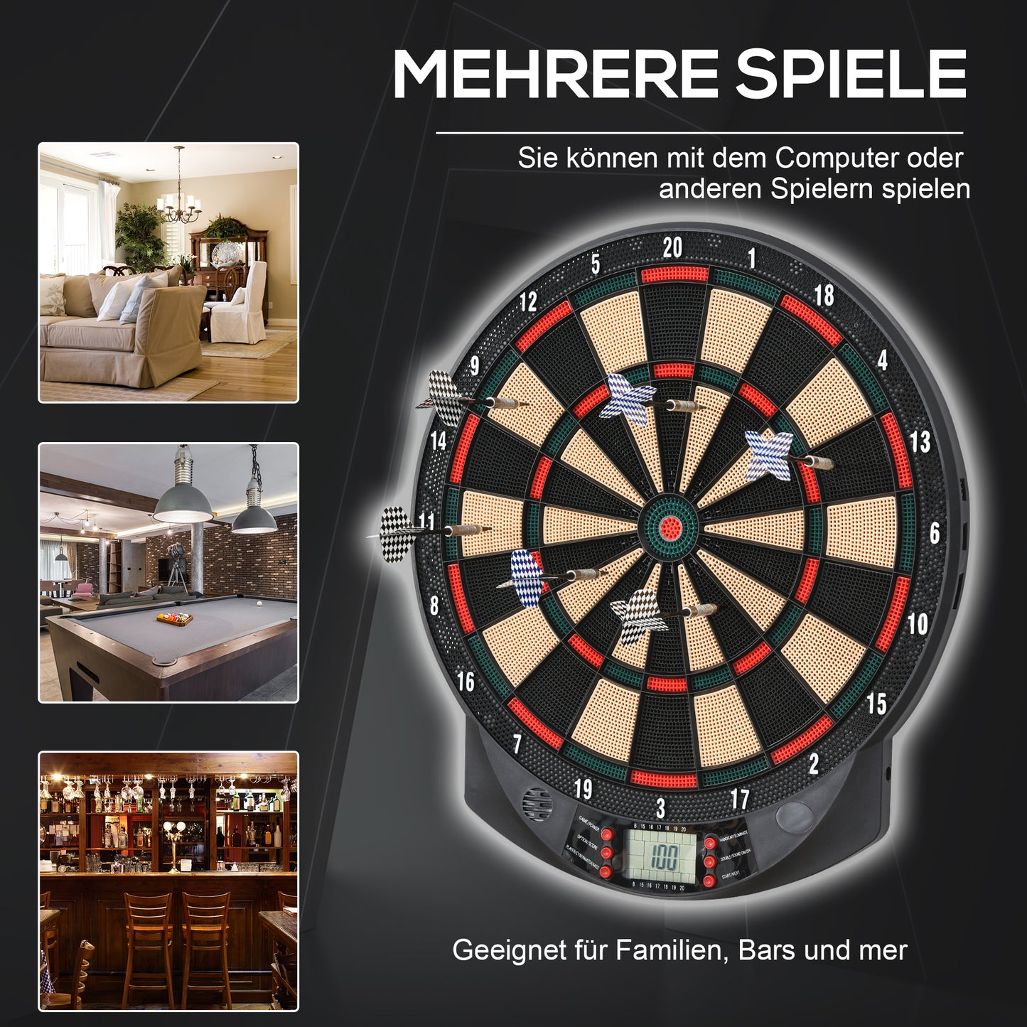 HOMCOM Elektronische Dartscheibe automatische Wertung Dartboard Dart-set mit 6 Darts 30 Dartköpfe 26 Spiele und 185 Trefferoptionen für 8 Spieler Soundeffekte Schwarz 44 x 39,5 x 2,2 cm