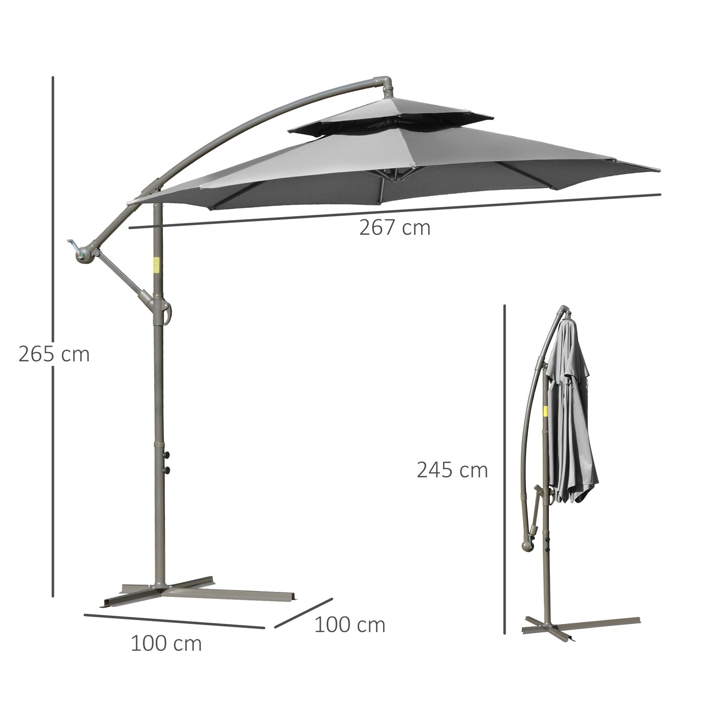 Outsunny Sonnenschirm Ampelschirm Ø2,67 x 2,45 m Kurbelschirm mit Doppeldach Kreuzbasis Stahl Outdoor Sonnenschutz Polyester Stahl Hellgrau