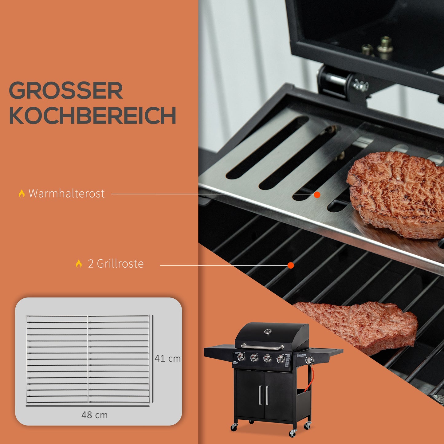 Outsunny Gasgrill BBQ mit 3 Brennern je 3 kw mobiler Grillwagen mit 4 Rädern Grillnetz Seitentischen Druckminderer Schläuche Schrank Multifunktion Metall Schwarz 132,4cm x 55cm x 109cm