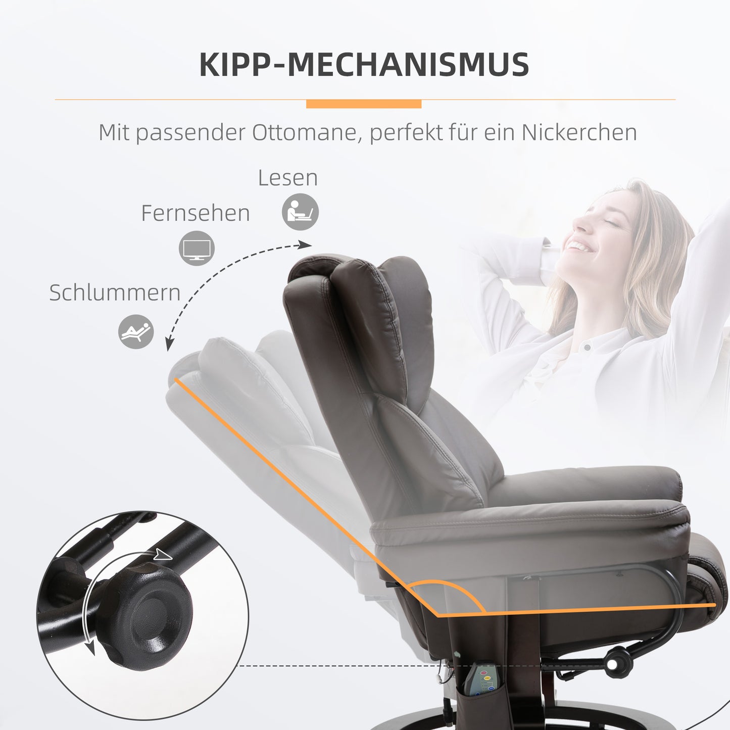 HOMCOM Relaxsessel mit Hocker, 360°drehbarer Fernsehsessel mit Massage, Liegefunktion, Massagesessel mit Seitentasche, Liegesessel, Kunstleder für Wohnzimmer Braun