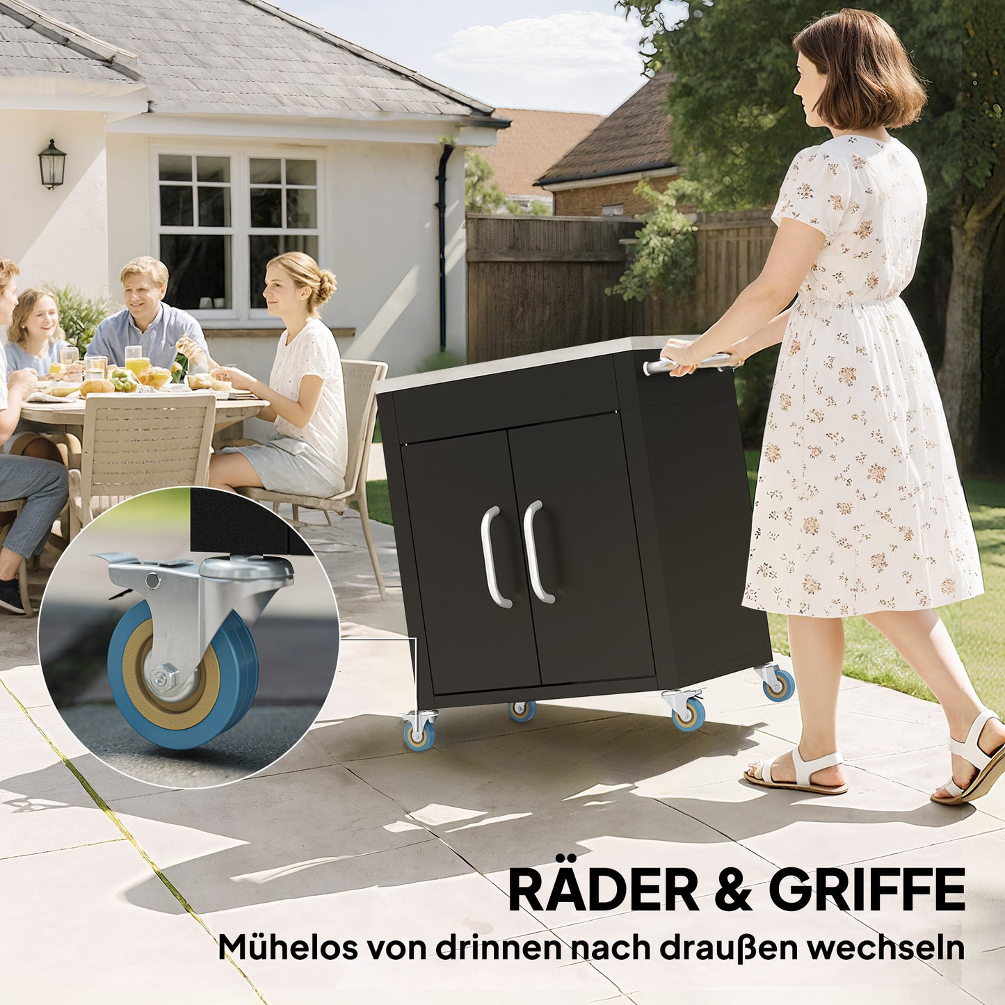 HOMCOM Küchenwagen mit Rollen, Servierwagen, Rollwagen mit Schrank, Haken und Edelstahlgriffe, Küchenhilfe, BBQ Grilltisch aus Edelstahl Küchentrolley, 86 x 50 x 86,5 cm Schwarz