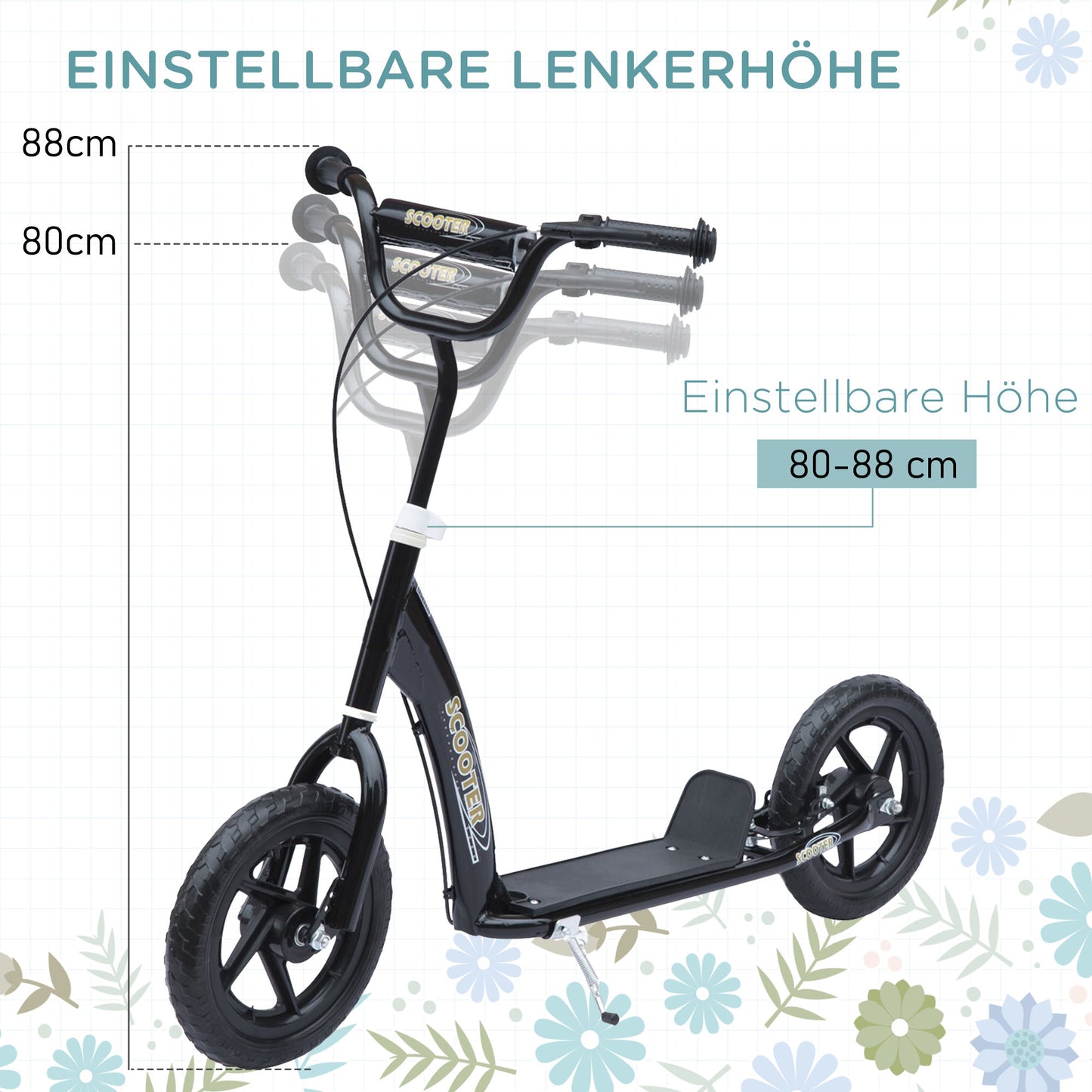 HOMCOM Kinderroller mit Hinterbremse Kickscooter 12 Zoll Tretroller Roller Scooter Cityroller für Kinder Kickboard Höhenverstellbar Stahl EVA Schwarz 120 x 52 x 80-88 cm