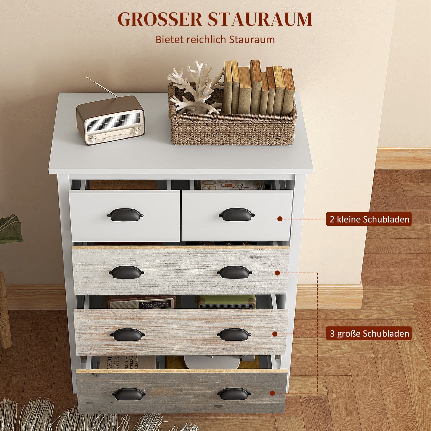 HOMCOM Sideboard, Kommode, 5 Schubladen, lackierte Oberfläche, MDF & Kiefernholz, 70 x 38 x 85 cm, Weiß