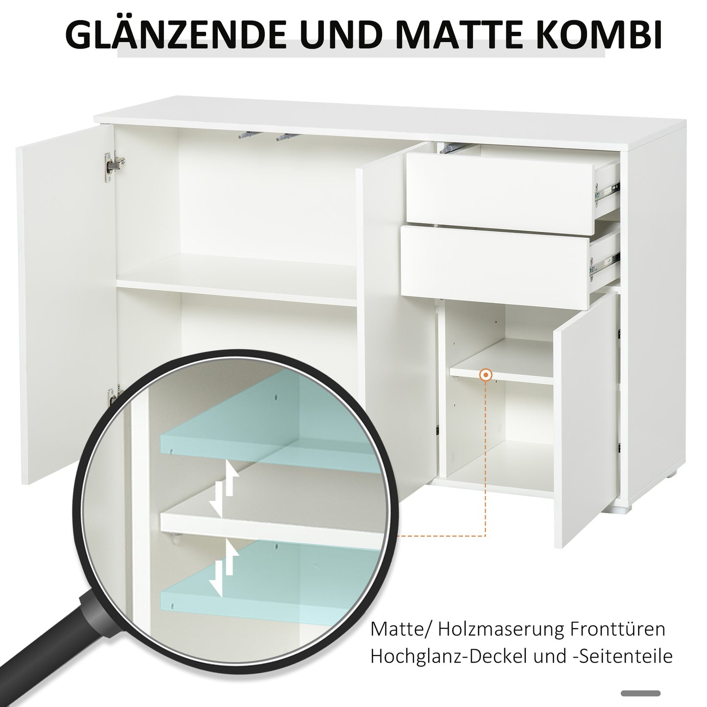 HOMCOM Sideboard Kommode Anrichte, 2 Schubladen, Push-Click, 117 cm x 36 cm x 74 cm, Weiß