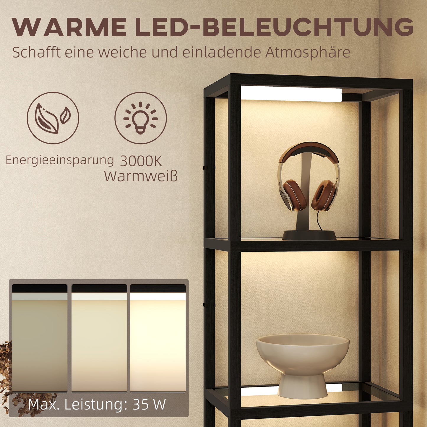 HOMCOM LED-Stehlampe mit 4-stufigem Regal, Leuchtregal mit 4 Glasfächern, Fußschalter, MDF, Schwarz