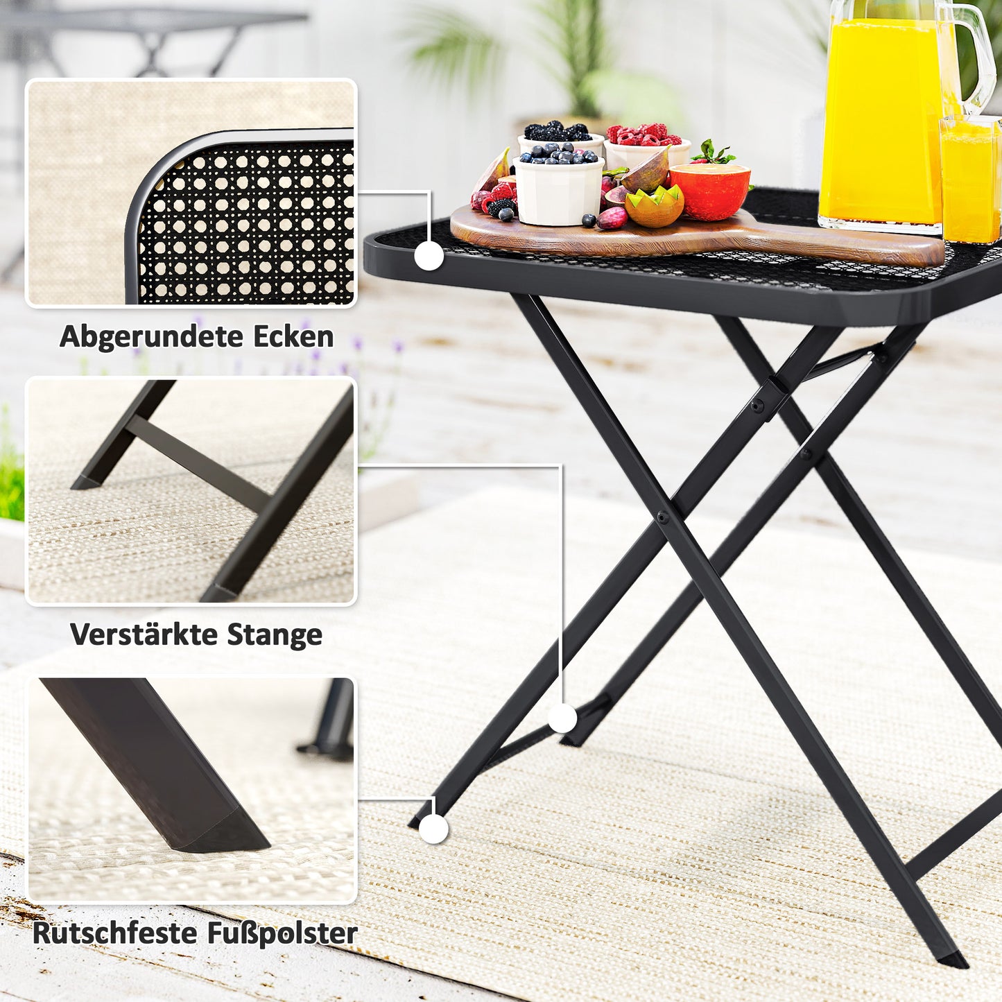 Outsunny Gartentisch klappbar 70 x70 cm, Wetterfest Balkontisch Klapptisch mit Ausschnitt-Design quadrarisch Schwarz