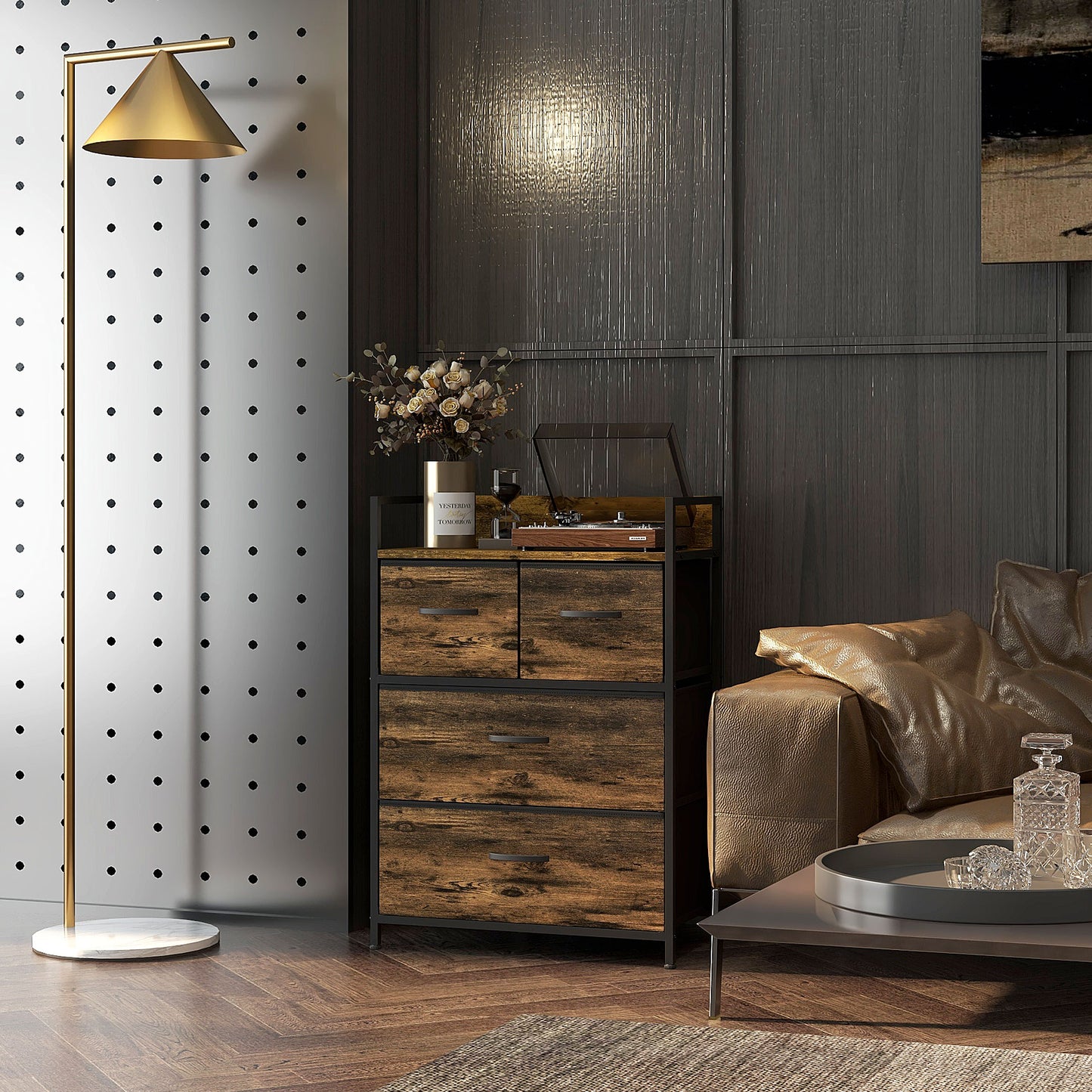 HOMCOM Kommode, Sideboard, 4 Stoffschubladen, Industrial Design, 60x29x85cm, Braun/Schwarz