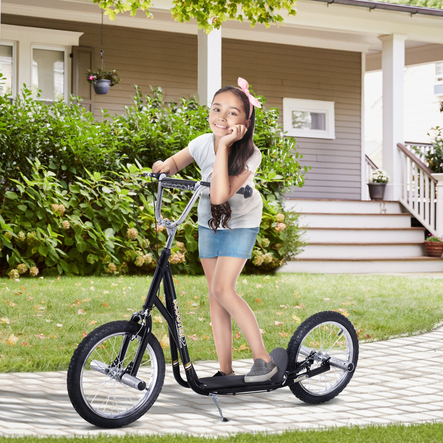 HOMCOM Kinderroller mit Luftreifen Kickscooter Scooter Tretroller Cityroller für Kinder Kickboard 16 Zoll ab 5 Jahre Höhenverstellbar Schwarz 143 x 58 x 92-100 cm