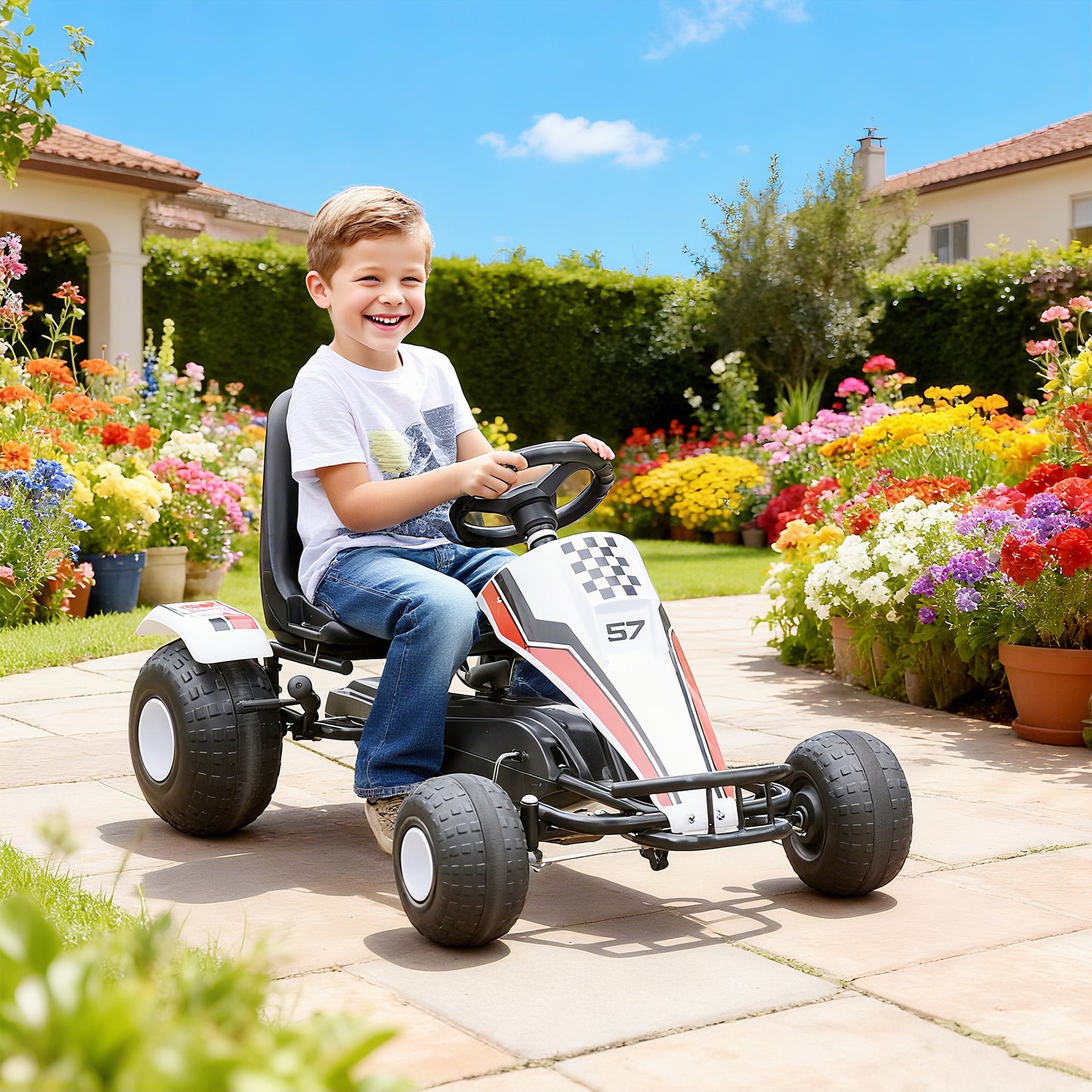 HOMCOM Go Kart Kinderfahrzeug Tretauto mit Pedal Bremsen Kinderspielzeug für 3-6 Jahre Stahl Weiß 104 x 66 x 57 cm
