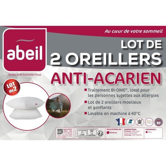 Set of 2 anti -acarian pillows - 60 x 60 cm - 100% Bioma treated cotton - Abeil