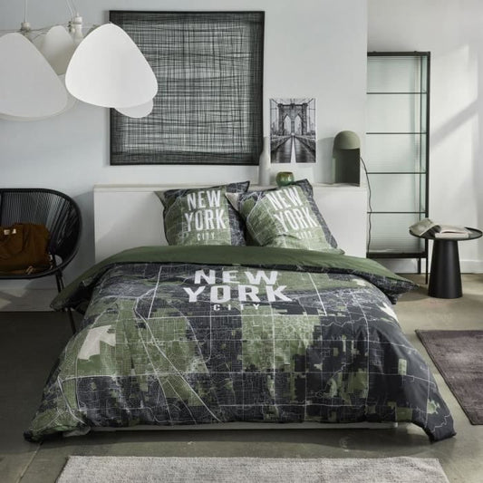 Bedding set - TODAY - JAVA - 2 people - 240x220 cm - Cotton - New York print - Green