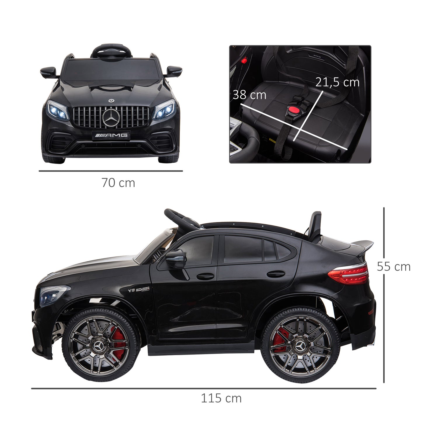 HOMCOM Kinder Elektroauto 12V Kinderauto mit 2,4 G Fernbedienung, 2 Motor, Kinderfahrzeug mit Hupe, Musik, Sicherheitsgurt, Elektrofahrzeug für 37-60 Monate Kinder, Schwarz