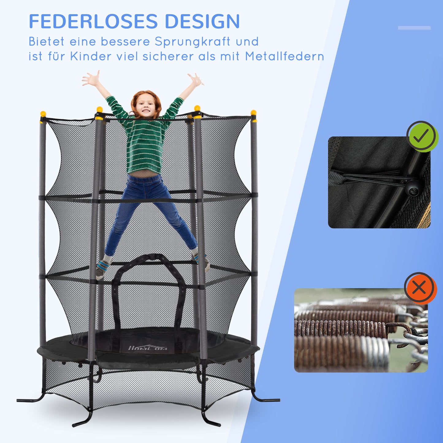 HOMCOM Trampolin für Kinder, Ø163 cm, mit Sicherheitsnetz, In- und Outdoor, Belastung bis 50 kg, Stahl, Kunststoff, Schwarz