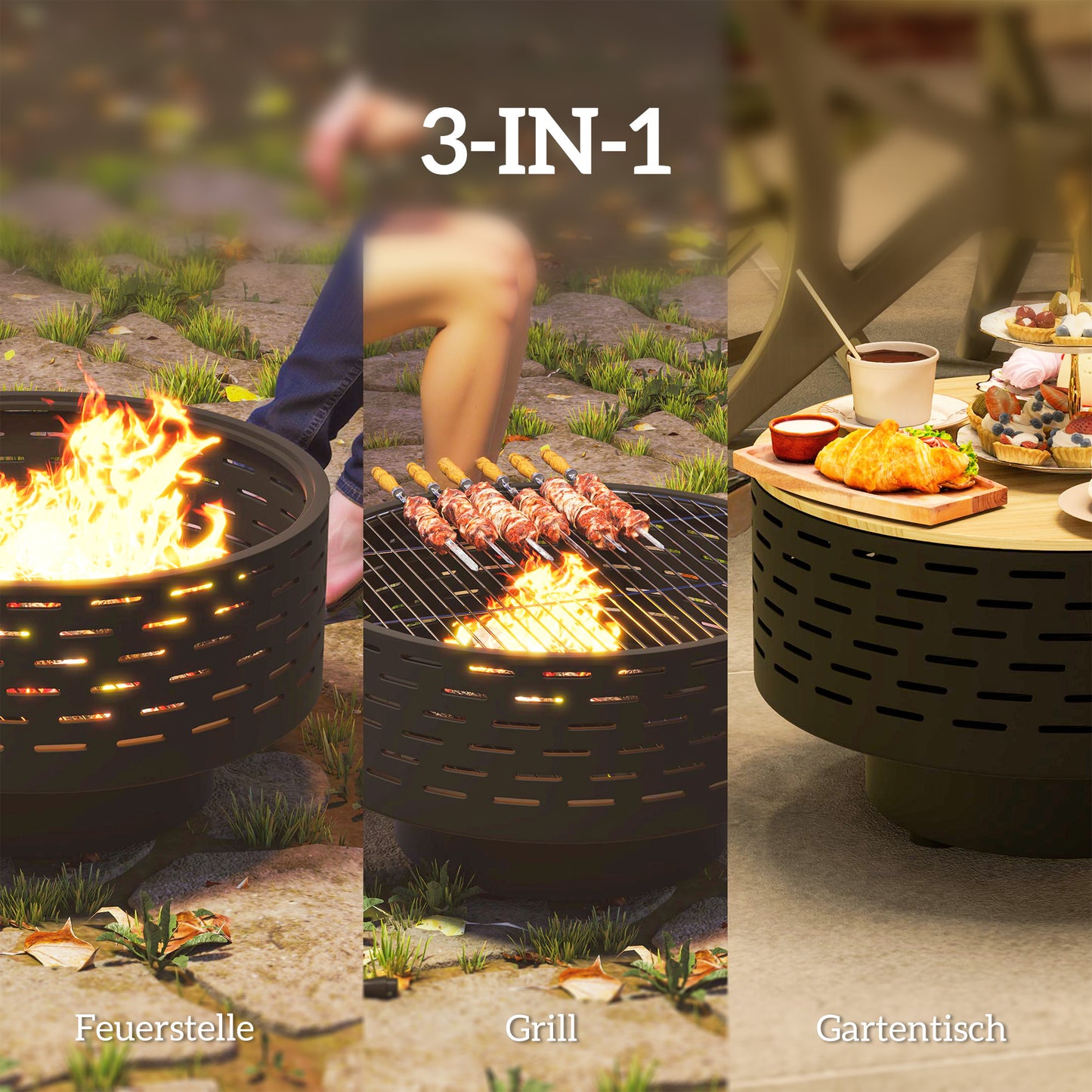 Outsunny 3-in-1 Feuerschale Ø60 x 39cm aus Edelstahl Feuerstelle mit Grillrost Funkenschutz Schürhaken Kohlegrau