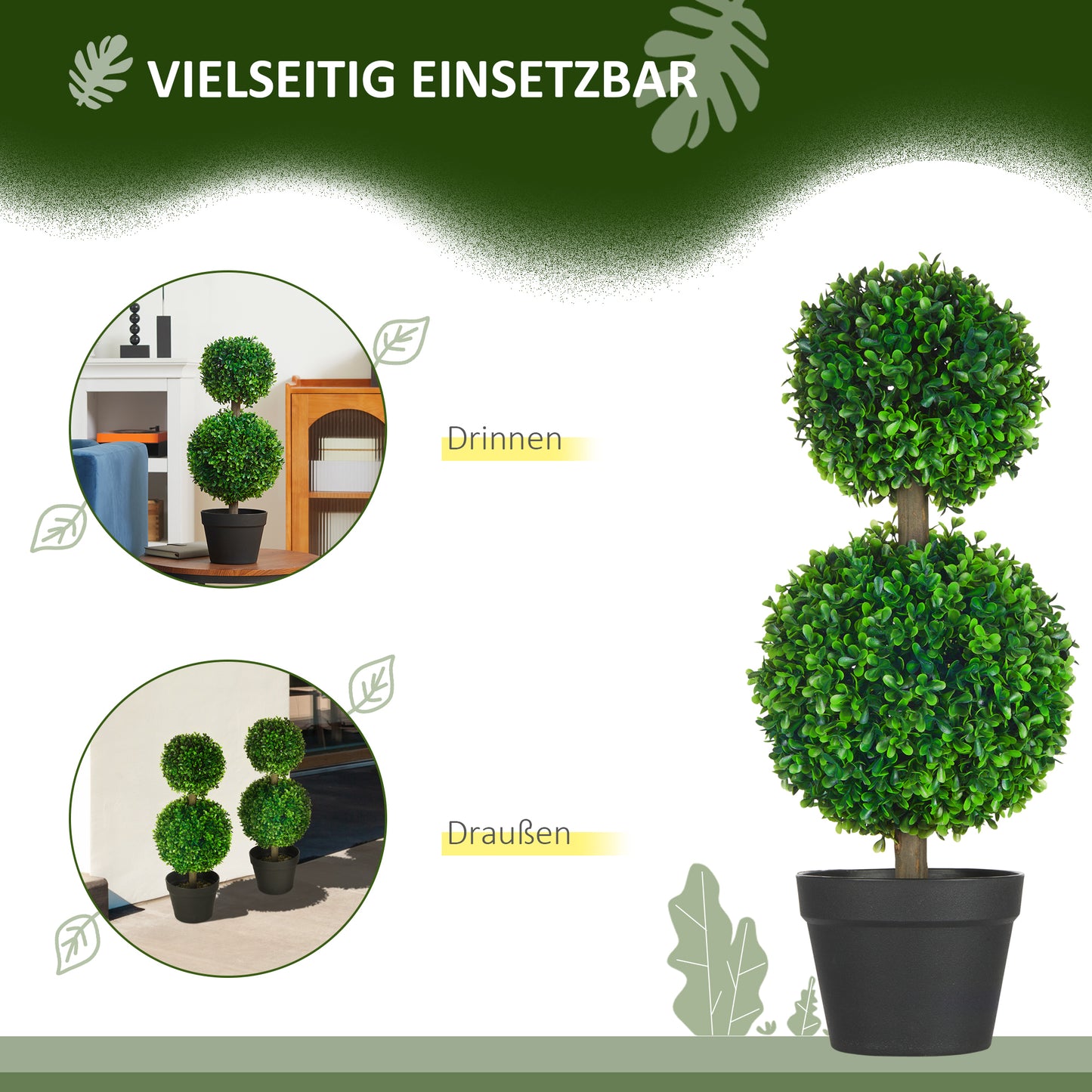 HOMCOM 2er-Set Künstlicher Buchsbaum, 2 Buchsbäume, Outdoor, 17 cm x 17 cm x 60 cm, Grün + Braun+ Schwarz