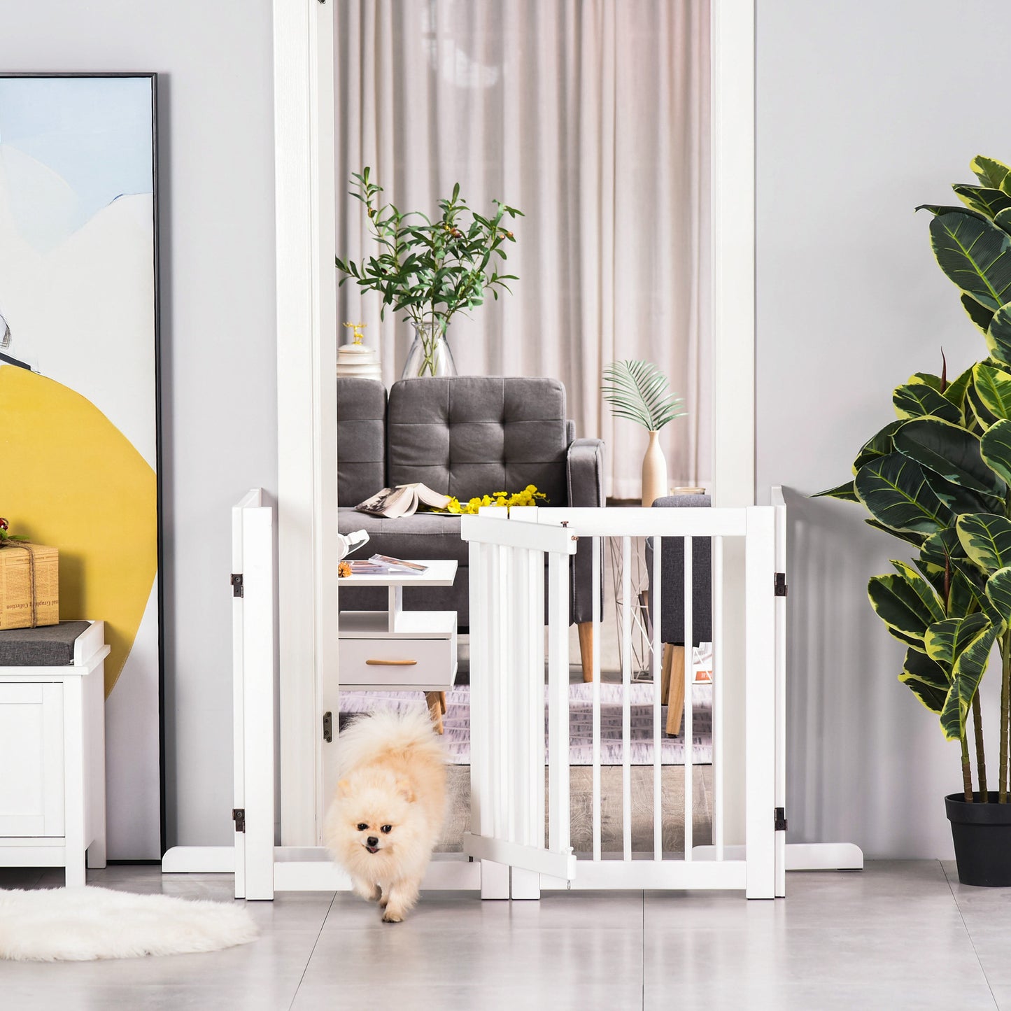 PawHut Absperrgitter Hund 4-teilig, 204 x 75 cm Faltbar Türschutzgitter mit Tür, Freistehend Hundegitter mit 2 Stützfüßen, Treppengitter aus Holz für Flur, Küche, Treppe, Weiß