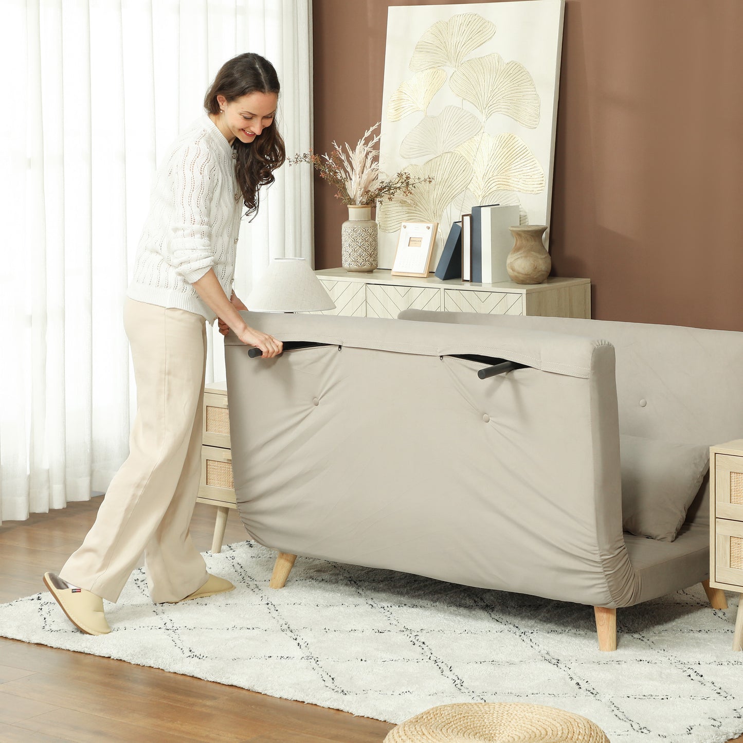 HOMCOM Schlafsofa Relaxsofa Sofa Couch, inkl. 2 Kissen, Samtoptik, 130 x 78 x 79 cm, Beige