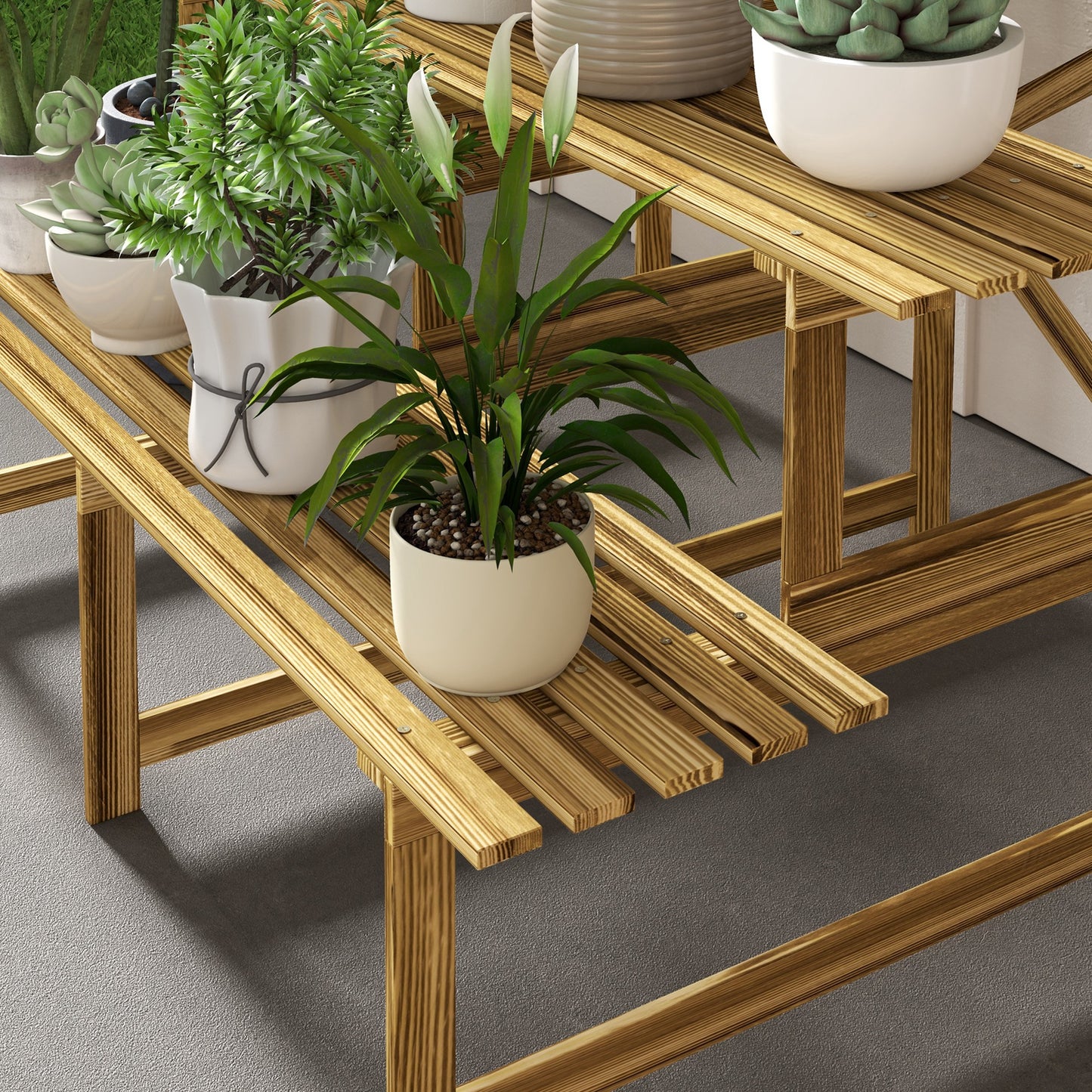 Outsunny Pflanzentreppe, Blumentreppe, Blumenregal, Pflanzregal, Blumenständer, 3 Stufen, Tannenholz, 120 x 80 x 78cm