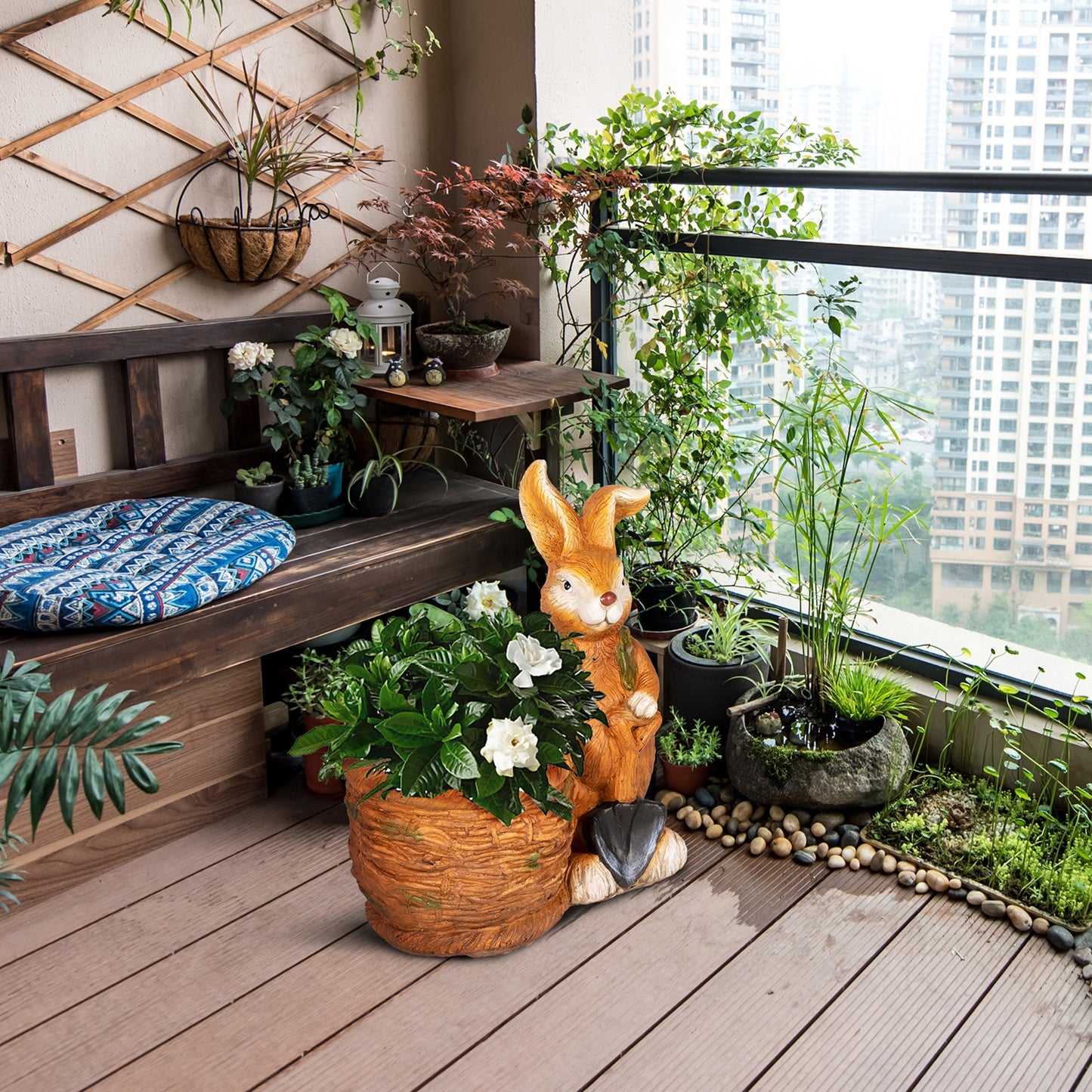 Outsunny Blumentopf, Hase mit Weidenkorb, wetterfest, 45x27x50cm, Braun