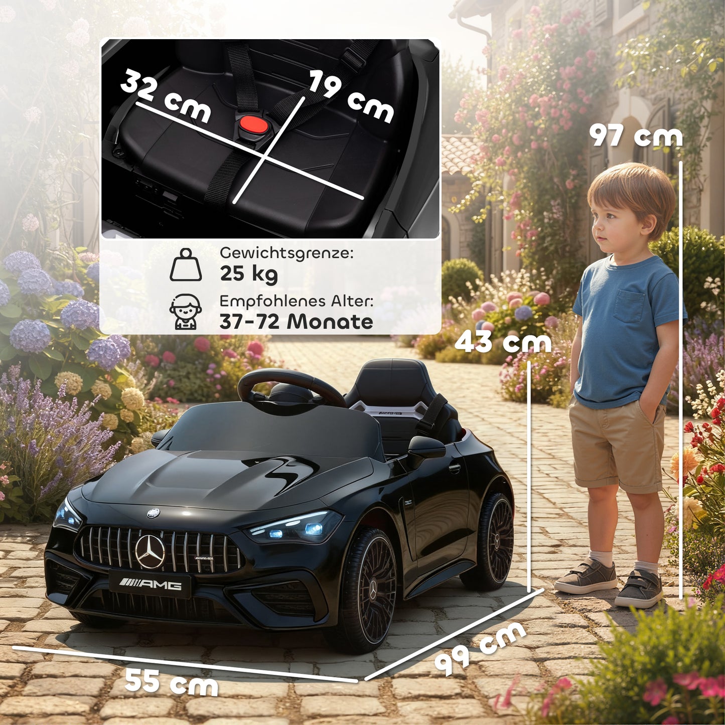 AIYAPLAY Kinder-Elektroauto, Mercedes-Design, 12V Motoren, Fernbedienung, LED-Lichter, Musik, für 3-6 Jahren Kinder, Schwarz