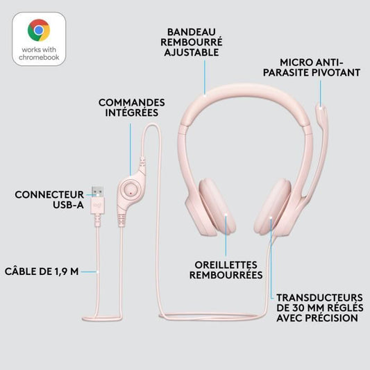 Logitech H390 Stereo wired helmet with antibruity microphone, USB -A - Rose