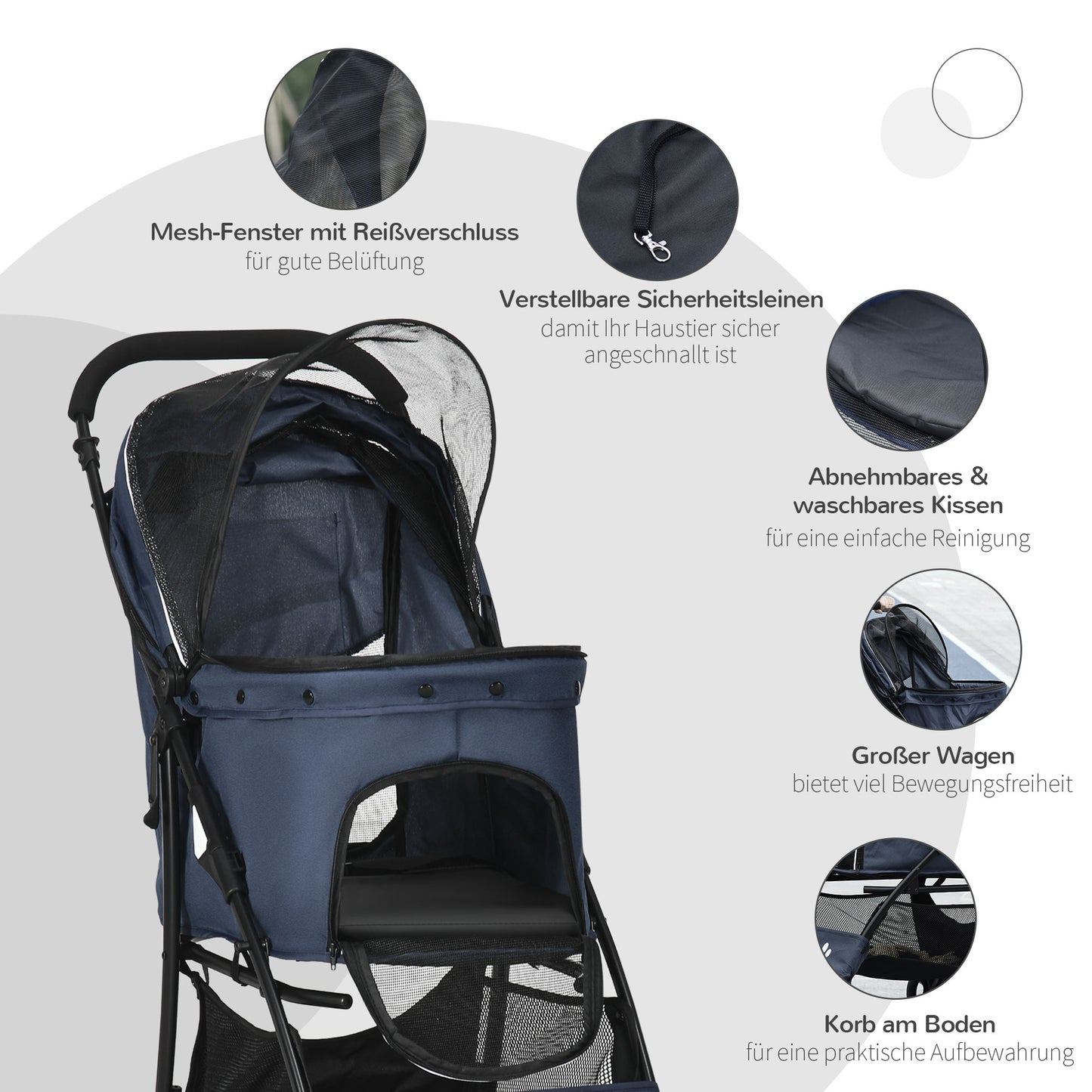 PawHut Hundewagen Hundebuggy bis 10 kg Klappbar Bodenkorb Kissen Seitentasche 81 cm x 48 cm x 99 cm Grau