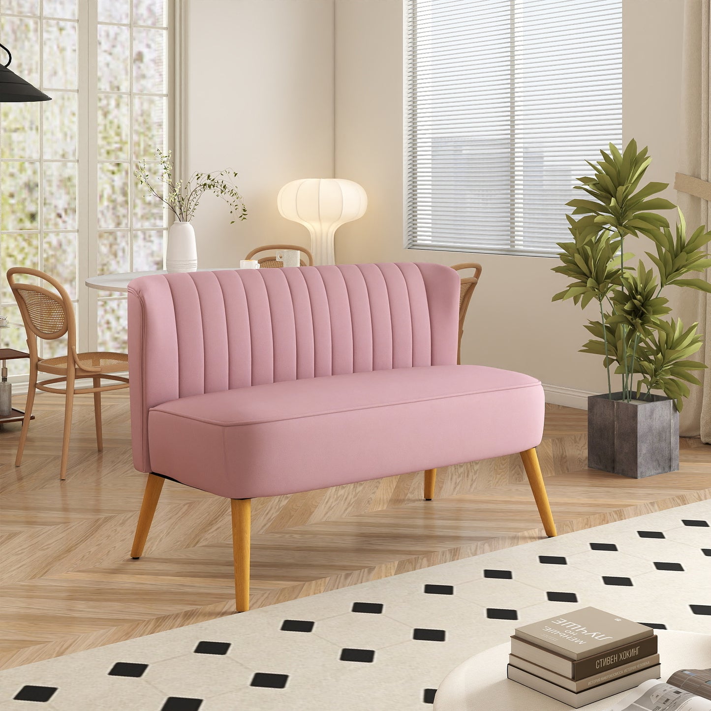 HOMCOM 2-Sitzer Stoffsofa Polstersofa Doppelsofa Sitzmöbel Loungesofa Holz Samtartiges Polyster Schaumstoff Rosa 117 x 56,5 x 77 cm