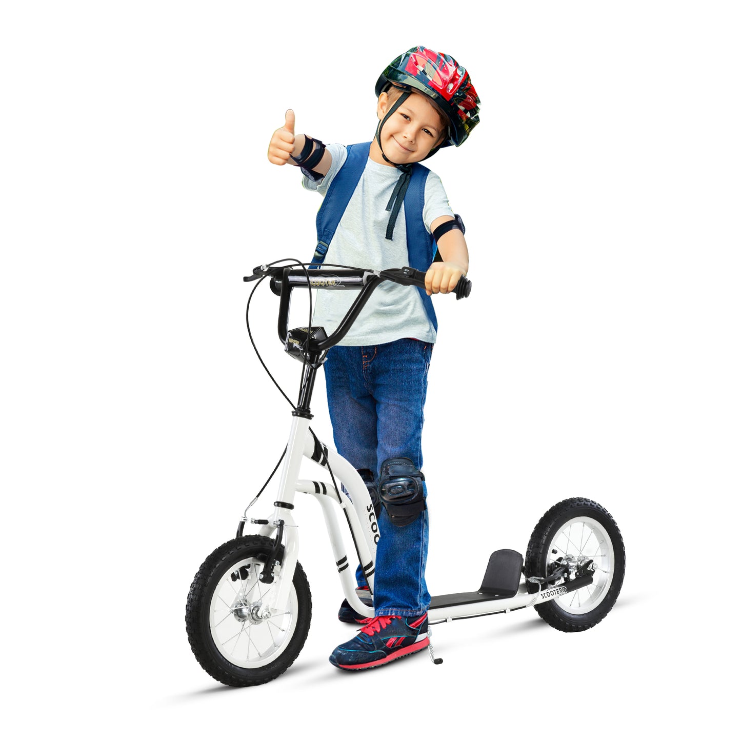 HOMCOM Kinderroller ab 5 Jahre Scooter Kinderscooter Tretroller Cityroller Kinder Roller Kickboard mit Luftreifen 12 Zoll Gummi Aluminium Weiß 120 x 58 x 85-95 cm