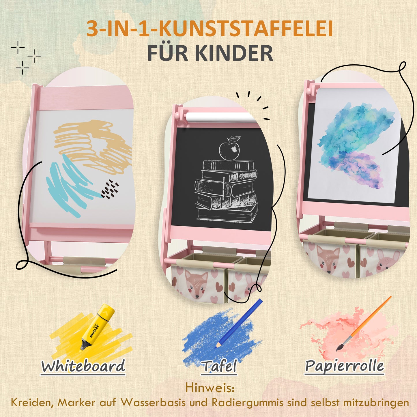 AIYAPLAY 3-in-1 Kinder Staffelei mit Papierrolle, Kreidetafel, Whiteboard, Aufbewahrungskörbe, 54 x 46,5 x 93 cm, rosa